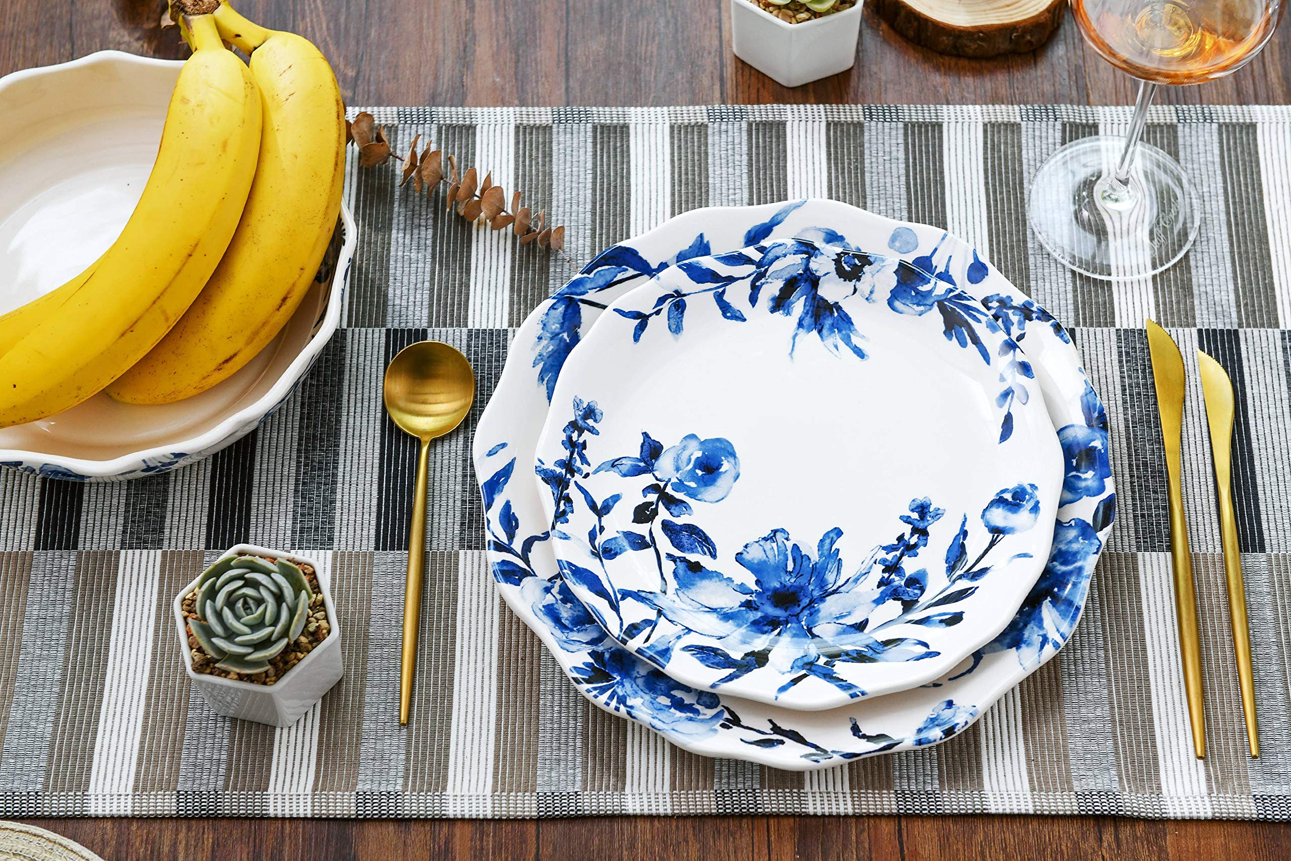 Bico Blue Floral Ceramic Salad Plates Set of 4 - 8.75 Inch Scalloped Edge, Microwave & Dishwasher Safe Dinnerware for Appetizers, Desserts, and Party Serving | Perfect for Home Dining, Wedding Decor, and Holiday Entertaining