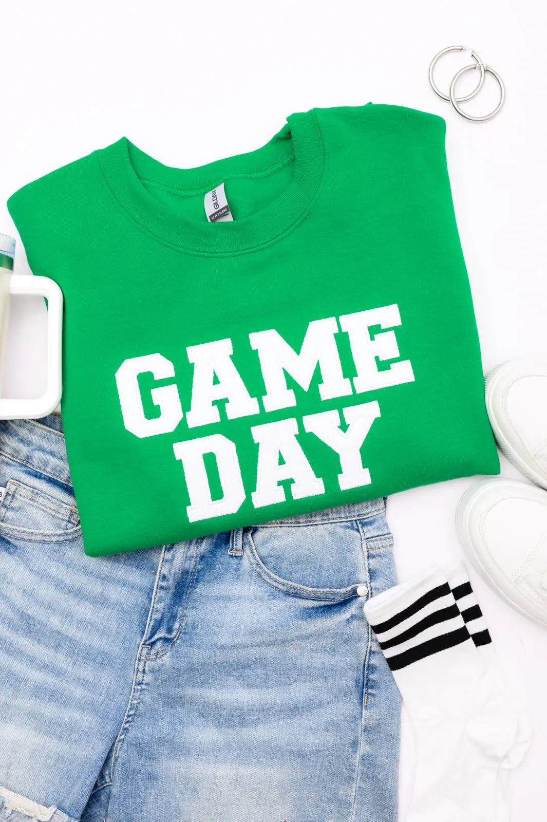 PREORDER: Embroidered Glitter Game Day Sweatshirt - Kelly Green & White | Football Party, Tailgating, Sports Fan Apparel