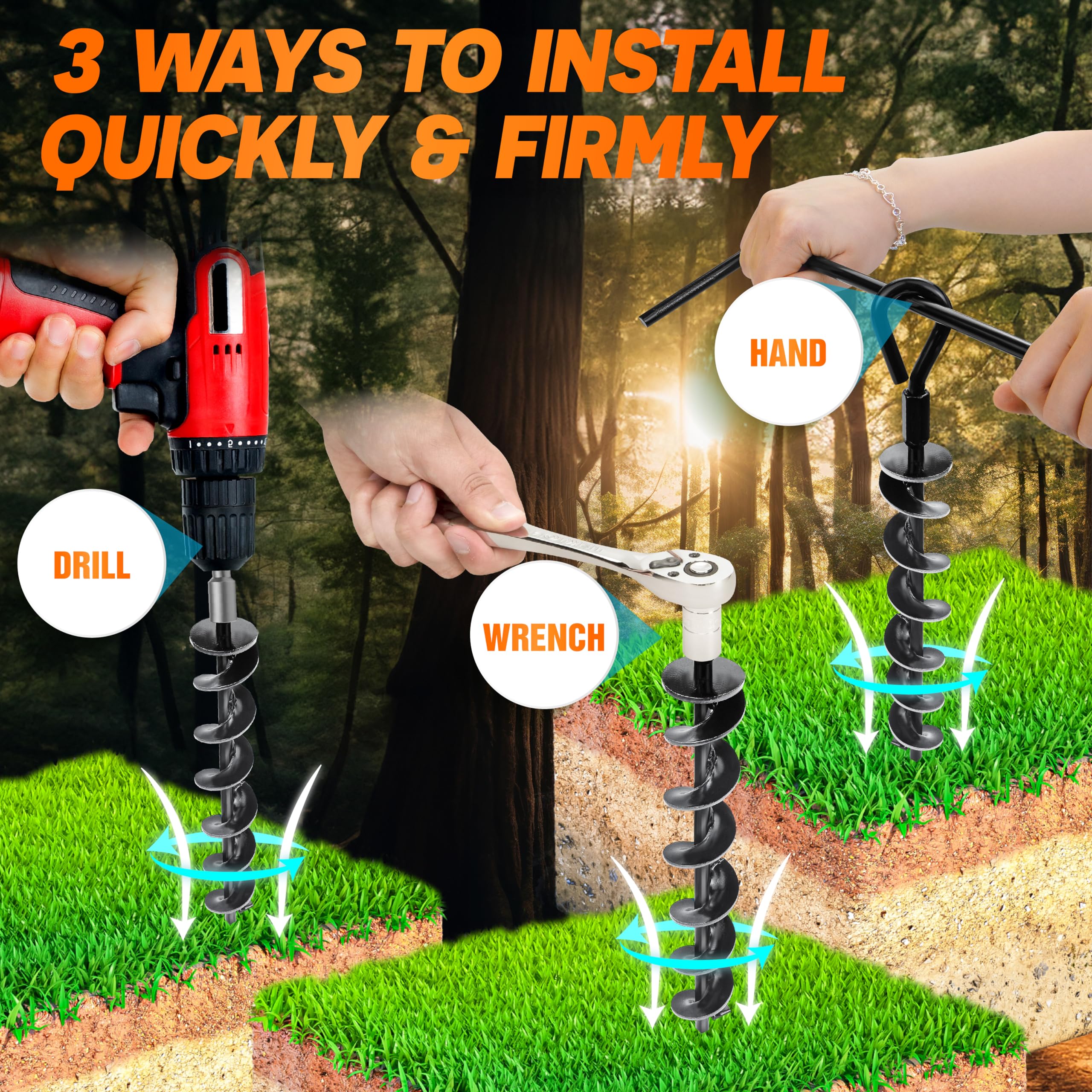Premium 4-Pack Heavy Duty Ground Anchors with Power Nut Driver Drill Bit - Screw-In Anchors for Swing Sets, Trampolines, Tents & Canopies - Wind-Resistant Stabilizers for Outdoor Camping, Backyard Playground & Carport Protection