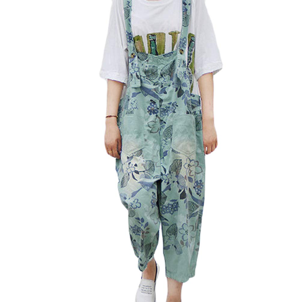 Women's Plus Size Denim Overalls - Wide Leg Loose Fit Printed Dungaree Jumpsuit for Casual & Maternity Wear | Boyfriend Style Oversized Romper Jeans in Green | Perfect for Everyday Outfits, Pregnancy Comfort & Street Fashion