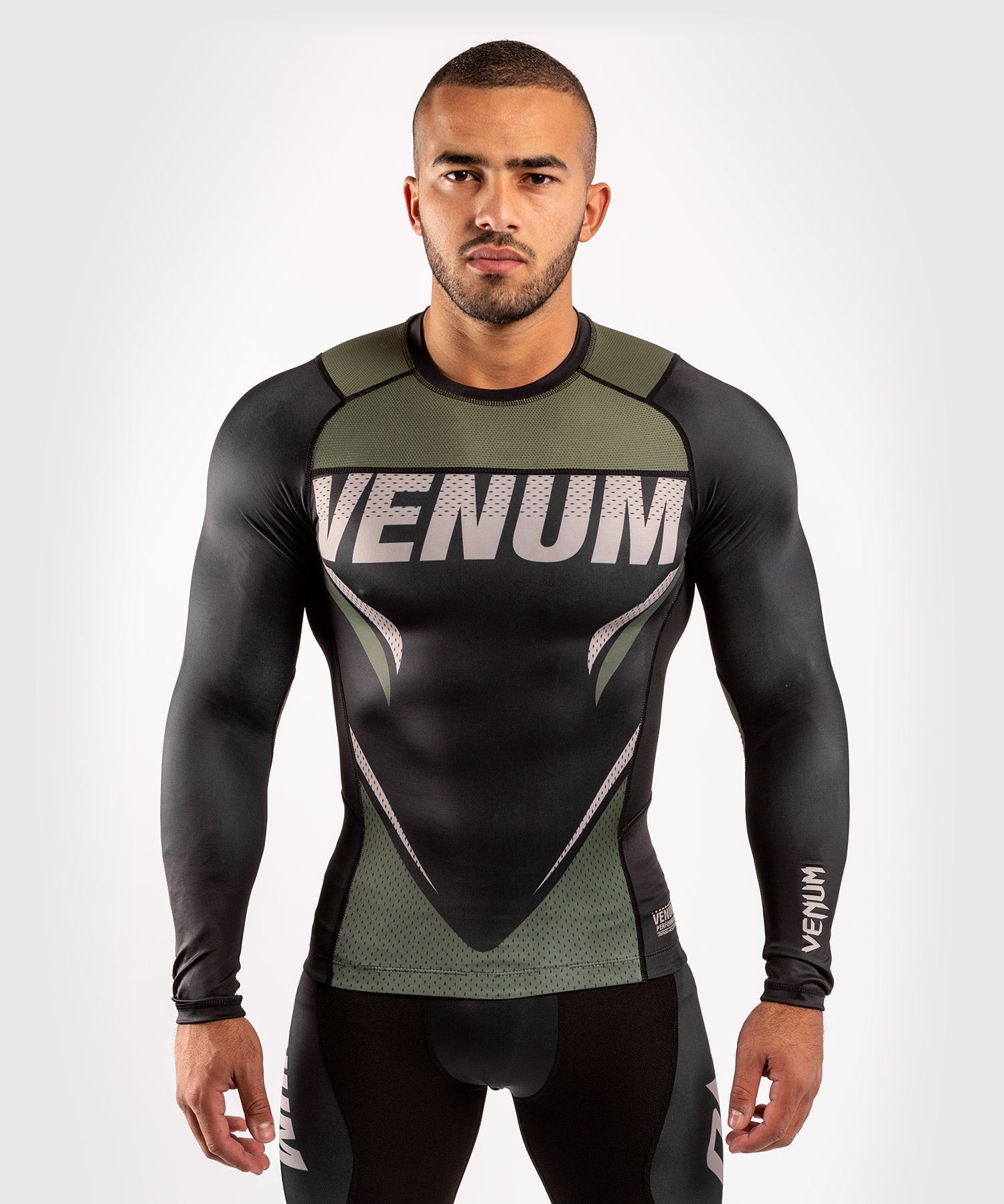 Venum ONE FC Impact Rashguard Long Sleeves - Black/Khaki - MMA Training & BJJ Rash Guard for Fighters & Grapplers