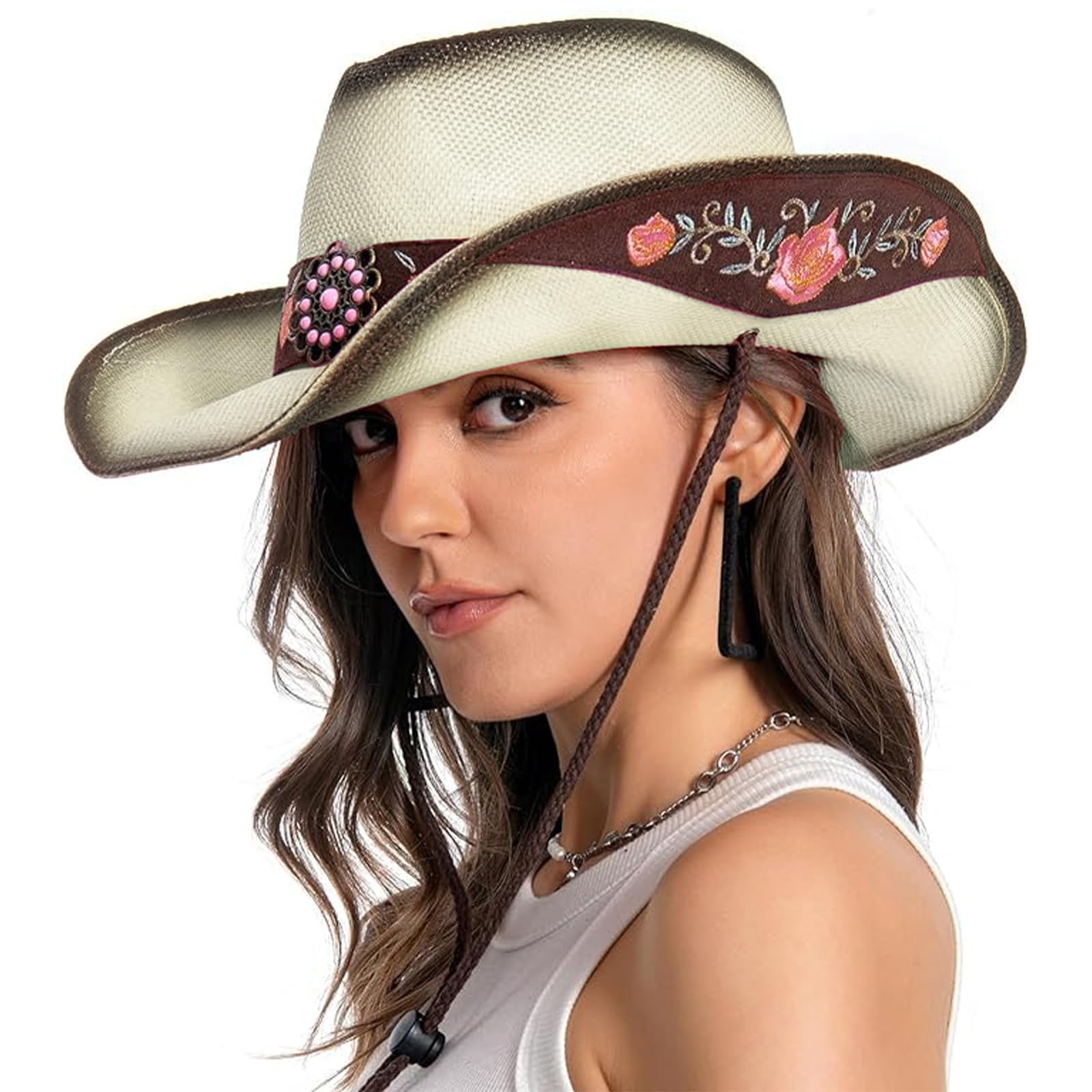 Women's Classic Brown Straw Cowboy Hat - Western Cowgirl Hat for Music Festivals, Beach Parties & Outdoor Events