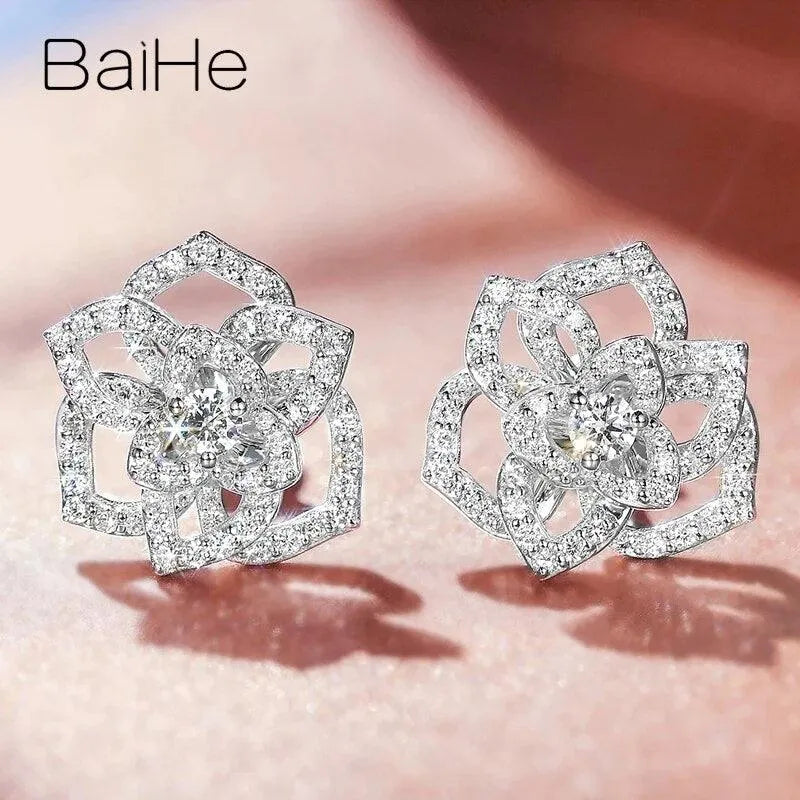 14K White Gold Natural Diamond Flower Stud Earrings for Women - H/SI Quality, Wedding & Bridal Jewelry, Trendy Fine Jewelry Gift for Her - Perfect for Anniversaries, Engagements & Special Occasions