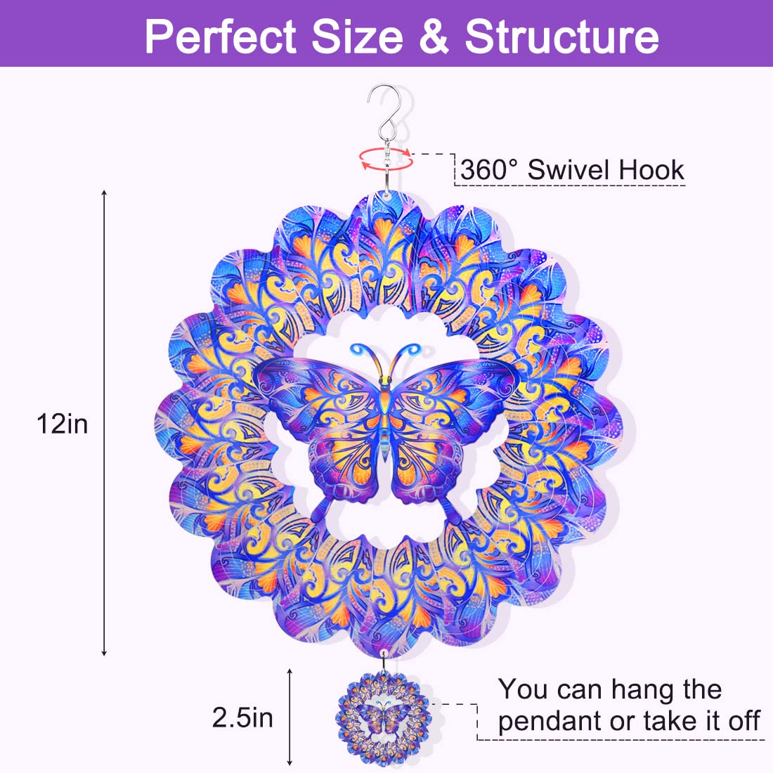 3D Butterfly Wind Spinner - 12 Inch Purple Metal Outdoor Decor for Yard & Garden | Hanging Wind Sculpture Art | Patio, Lawn & Backyard Decoration | Unique Spinifity Designs Gift Idea