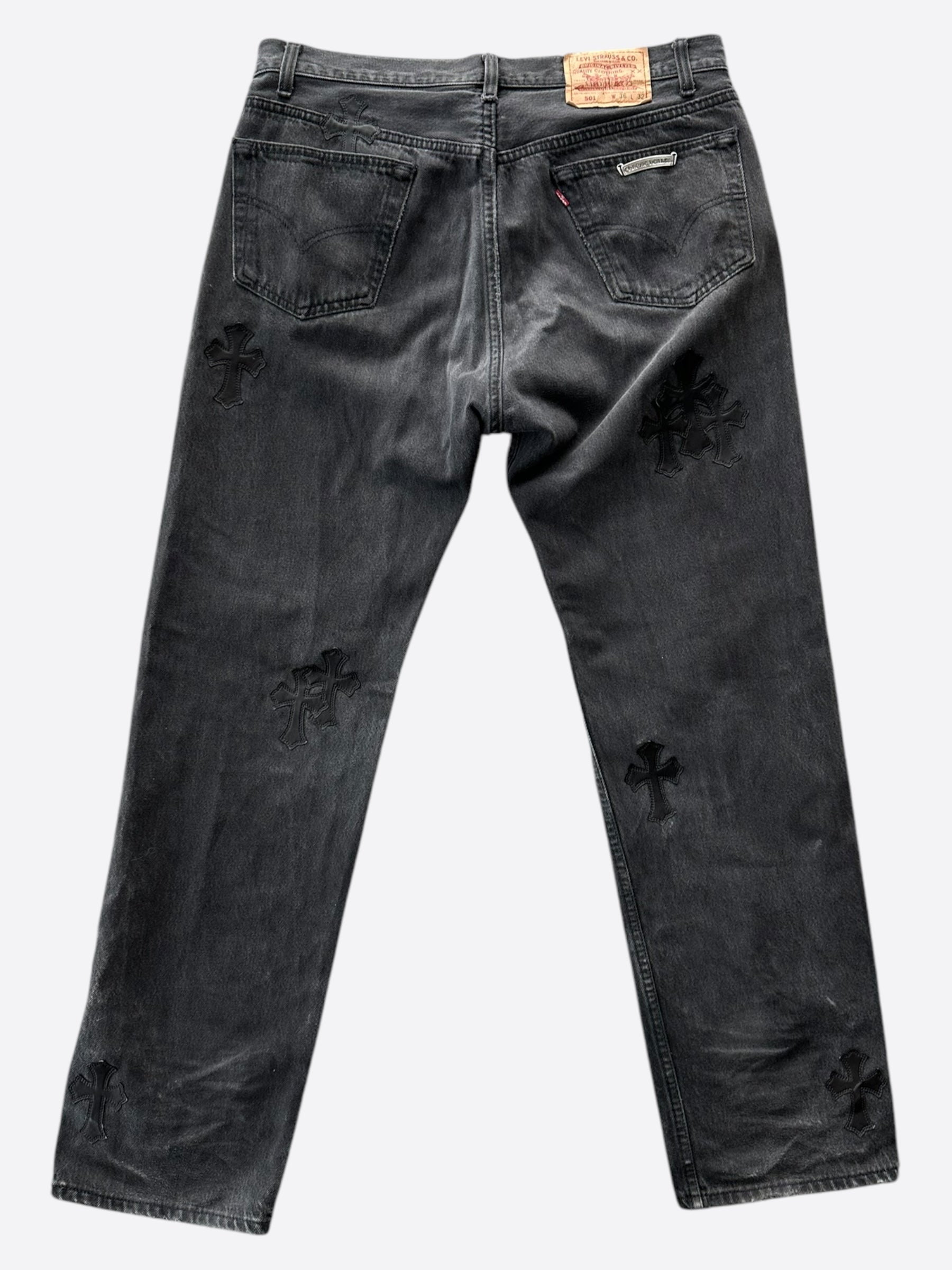 Chrome Hearts x Levi's Grey & Black Cross Patch Denim Jeans for Men - Stylish Vintage Streetwear for Casual Outfits and Night Out