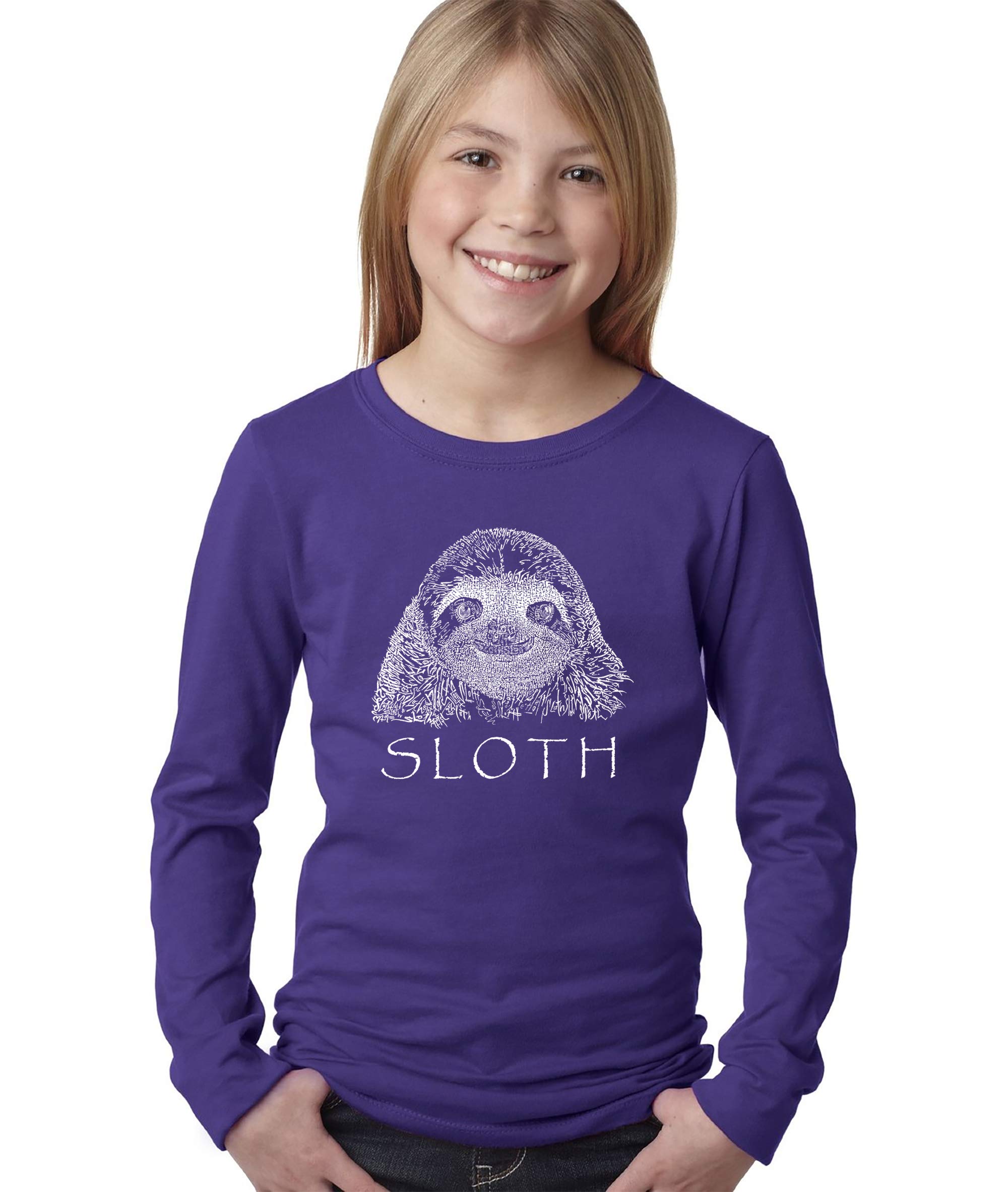 LA POP ART Girls' Word Art Long Sleeve T-Shirt - Cute Sloth Graphic Tee for Casual Wear & School Outfits