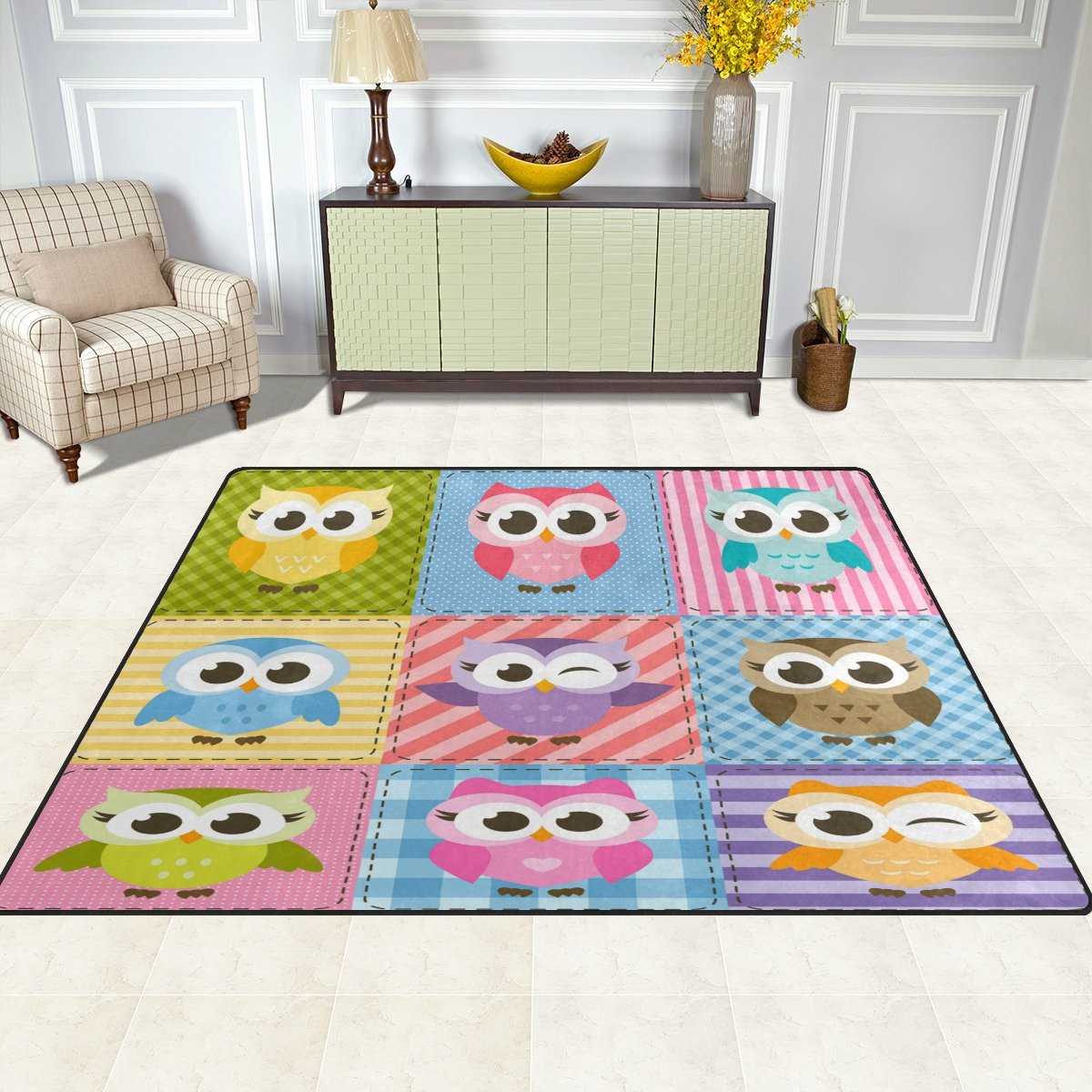 Happy Cartoon Owl Christmas Area Rug - Non-Slip Holiday Decor Rug for Living Room, Bedroom, Nursery - 7' x 5' Soft Plush Rug - Perfect for Christmas Decorations, Winter Home Decor & Cozy Gift Ideas