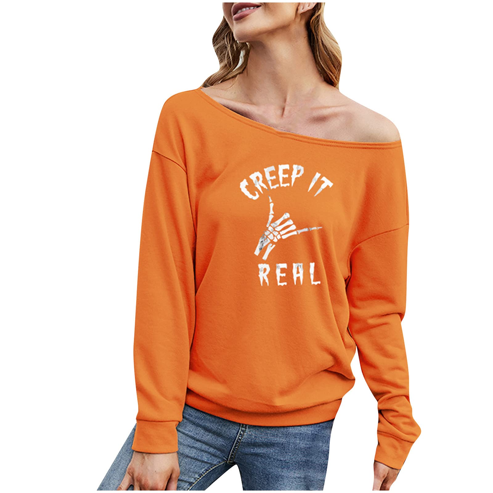 Plus Size Halloween Shirts for Women - Sexy Pumpkin Print Long Sleeve One Shoulder Graphic T-Shirt Blouse | Perfect for Fall Parties, Costume Events & Spooky Season Outfits