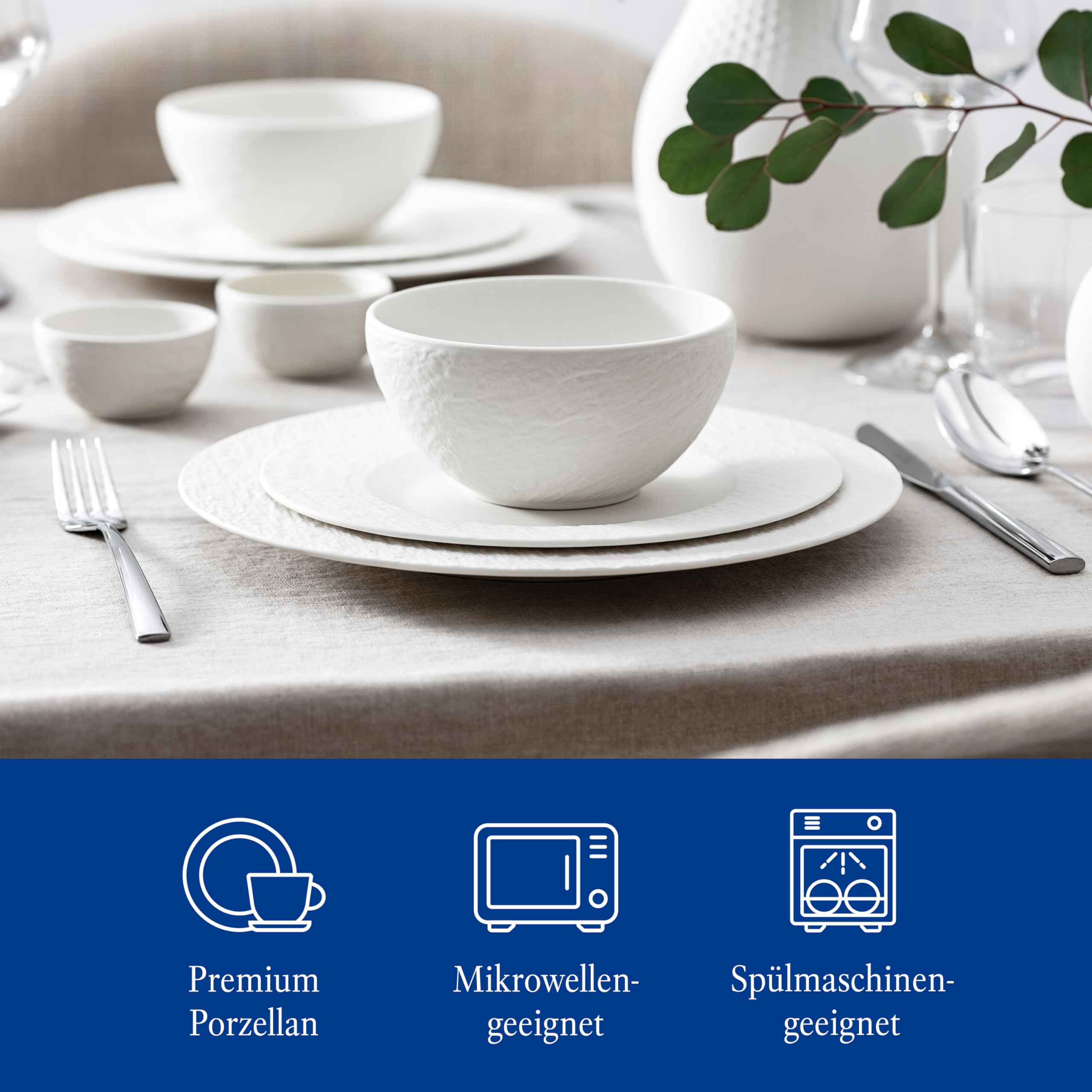 Villeroy & Boch Manufacture Rock Blanc 6-Piece Porcelain Dinnerware Set - Premium White Tableware for Everyday Dining & Entertaining