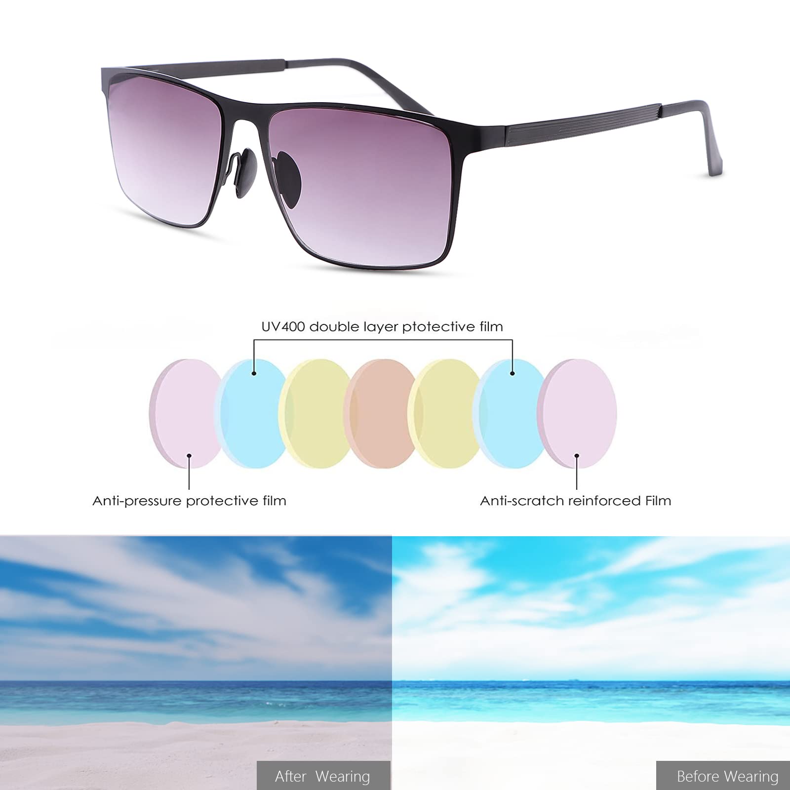 UV Protection Reading Glasses with Spring Hinge - Anti Blue Light Sunglasses for Men & Women - Non-Bifocal Readers for Outdoor Reading, Driving & Computer Use