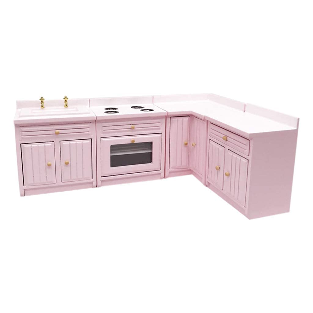 1:12 Scale Miniature Wooden Kitchen Cabinet Set - Pink Dollhouse Furniture for DIY Decoration | Perfect for Dollhouse, Model House & Collectible Displays