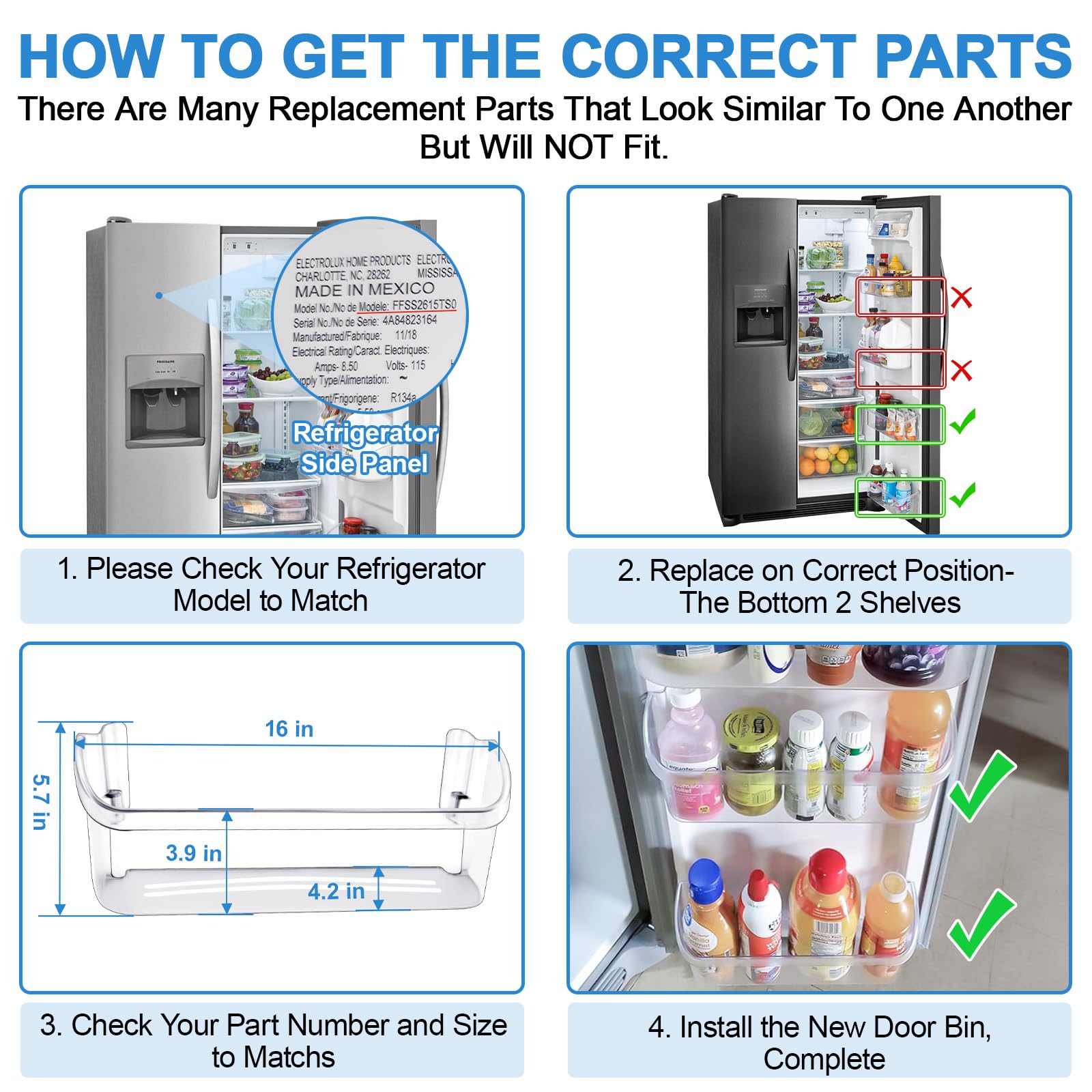 UPGRADED Frigidaire Refrigerator Door Bin Shelf Replacement - AP6278233 PS12364199 4547407 Compatible Parts for Bottom 2 Shelves | Durable Side Shelf Rack Organizer for Fresh Food Storage & Kitchen Organization