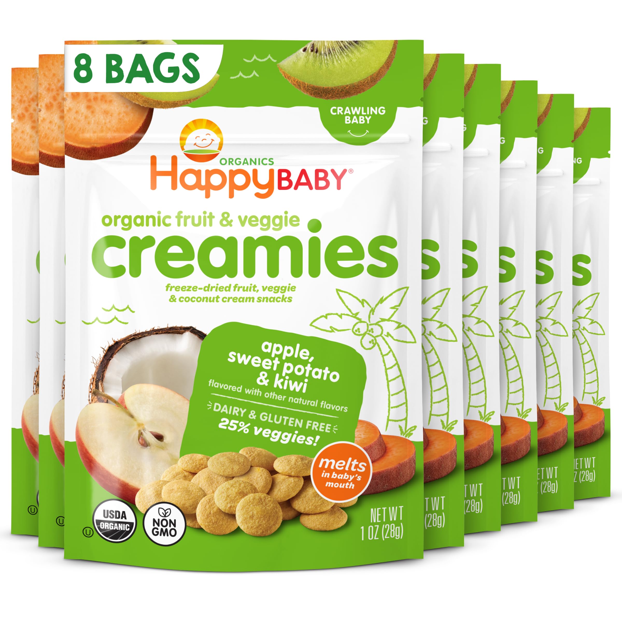 Happy Baby Organic Creamies Freeze-Dried Fruit & Veggie Snacks with Apple, Sweet Potato, Kiwi & Coconut - Healthy Baby Food for Crawling Infants - 1oz Pack of 8 - Perfect for On-the-Go Snacking & Toddler Lunchboxes