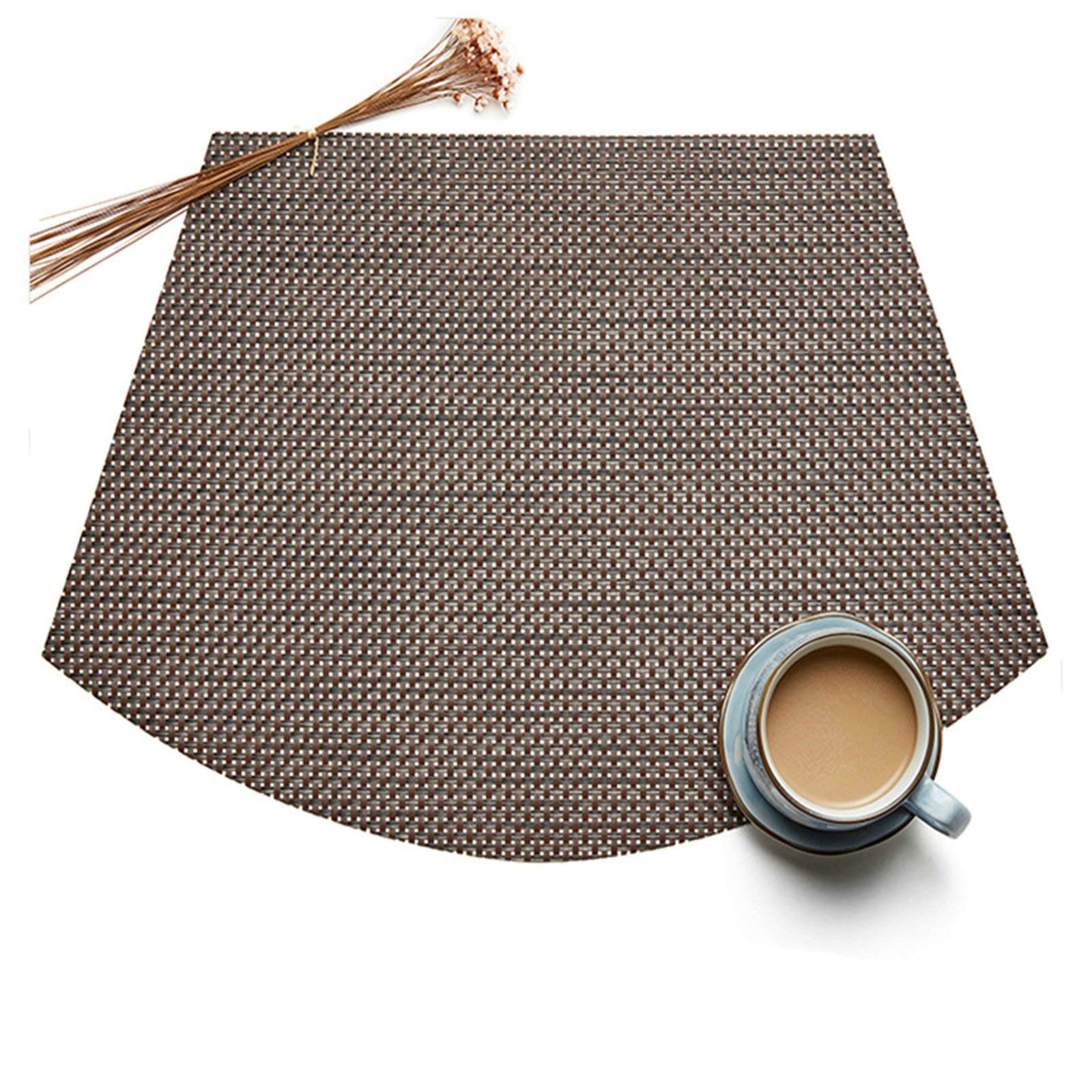 2-Pack Vinyl Wipe Clean Fan-Shaped Solid Color Decorative Placemats - 18x12 Inch Rectangle Kitchen Table Mats for Dining, Coffee, and Home Decor (Coffee Brown)