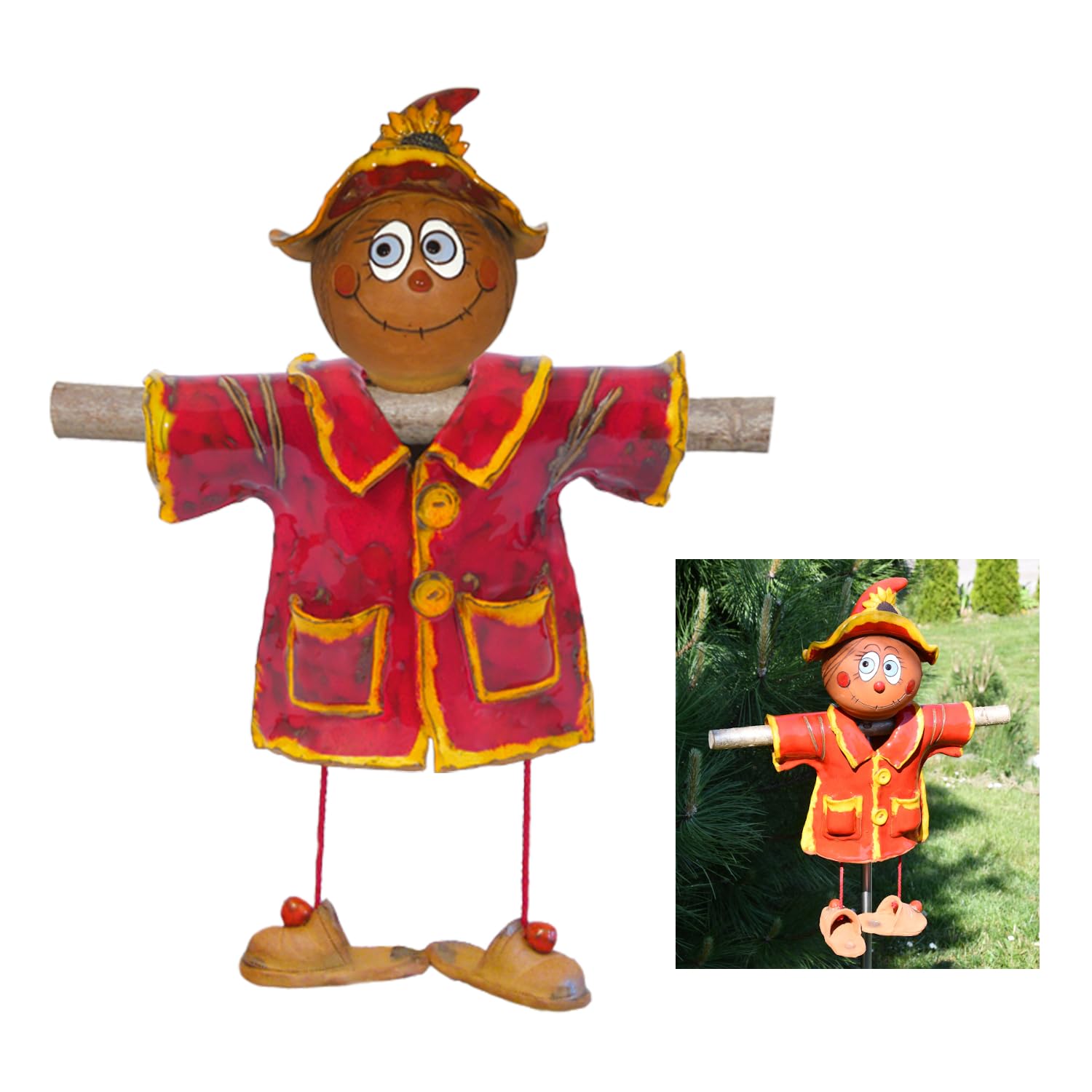 Handmade Frostproof Ceramic Scarecrow Lawn Stake - Red Outdoor Garden Decor Statue - Unique Gift for Gardeners (Men & Women) - Perfect for Yard, Patio & Seasonal Home Decoration