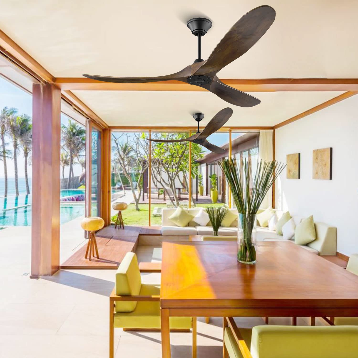60 Inch Wood Ceiling Fan with Remote - 3 Blade Outdoor Ceiling Fan for Patio, Noiseless Reversible DC Motor, 6 Speed Settings, No Light - Perfect for Indoor and Outdoor Use in Living Rooms, Bedrooms, and Covered Porches