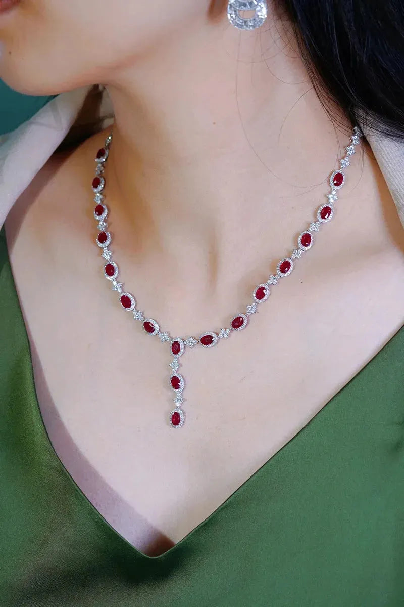 18K White Gold Diamond and Ruby Necklace for Women - Luxury Shiny Design with Natural Stones - Perfect for Parties, Weddings & Special Occasions