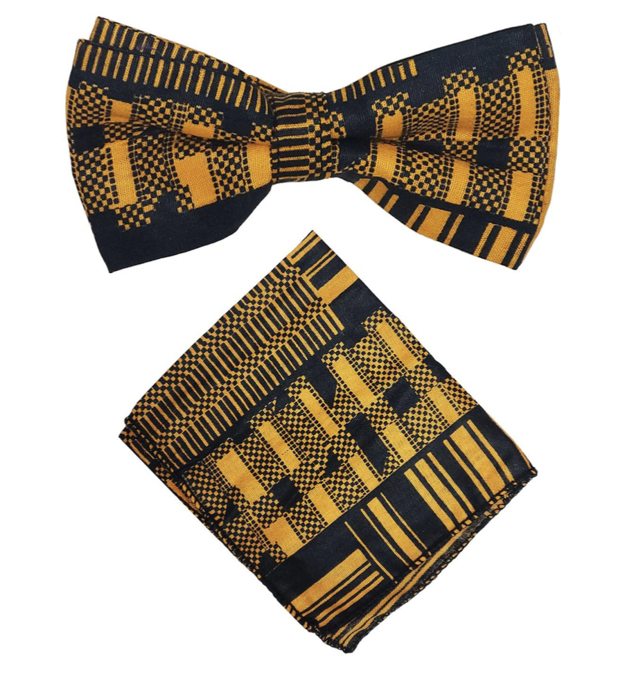 Dupsie's Premium Black and Gold African Print Kente Bow Tie and Pocket Square Set DP4091BT - Perfect for Weddings, Formal Events & Cultural Celebrations