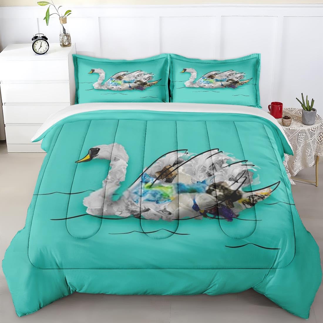 Full Size Comforter Set - Contemporary Blue Animal World Bedding for Kids & Adults, Green Earth Swan Design with 2 Pillowcases | Cozy Bedroom Decor for Modern Homes & Guest Rooms