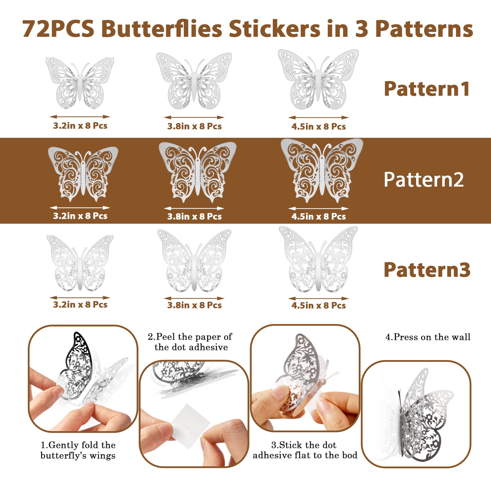 72 Pcs Silver Butterfly Decorations - 3 Sizes & Styles, 3D Wall Butterflies for Party, Birthday, Wedding, Nursery Room Decor | DIY Crafts, Cake Toppers, Wall Stickers & Home Decoration Ideas