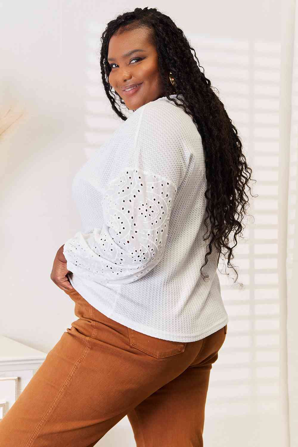 Elegant White Eyelet Dropped Shoulder Round Neck Blouse for Women - Perfect for Summer Outfits, Office Wear & Casual Dates