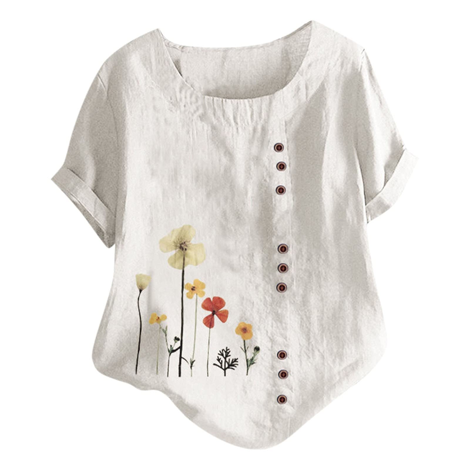 Women's Floral Printed Button Tee Top - Short Sleeve Crew Neck Tunic Shirt - Cotton Linen Blend Loose Blouse for Casual Wear, Summer Outfits & Boho Style
