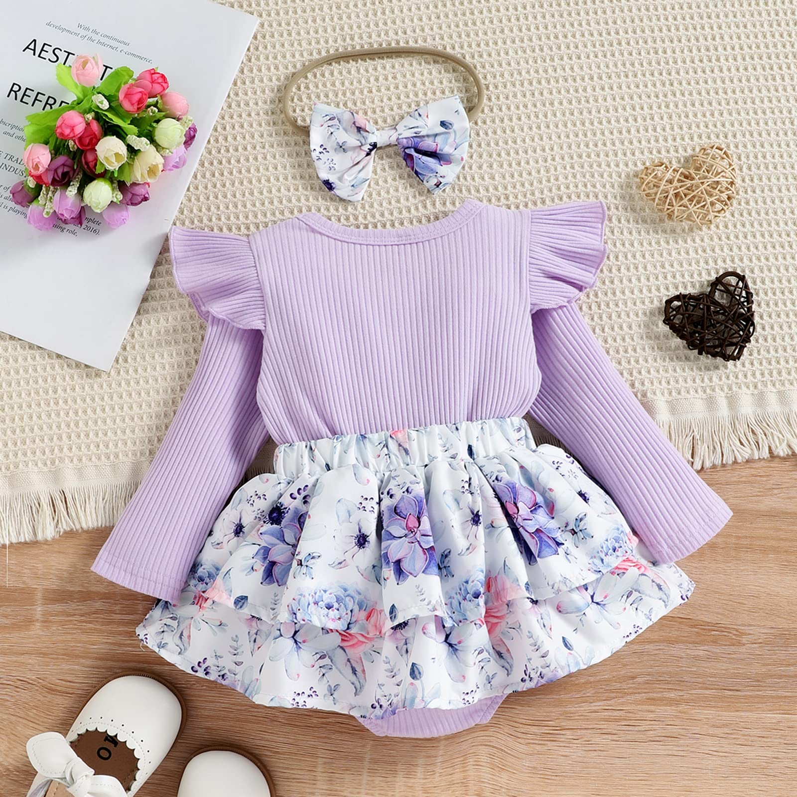 Christmas Baby Girl Outfit - Long Sleeve Floral Romper Dress & Bodysuit Playsuit for Infant Girls | Fall & Holiday Season Wardrobe