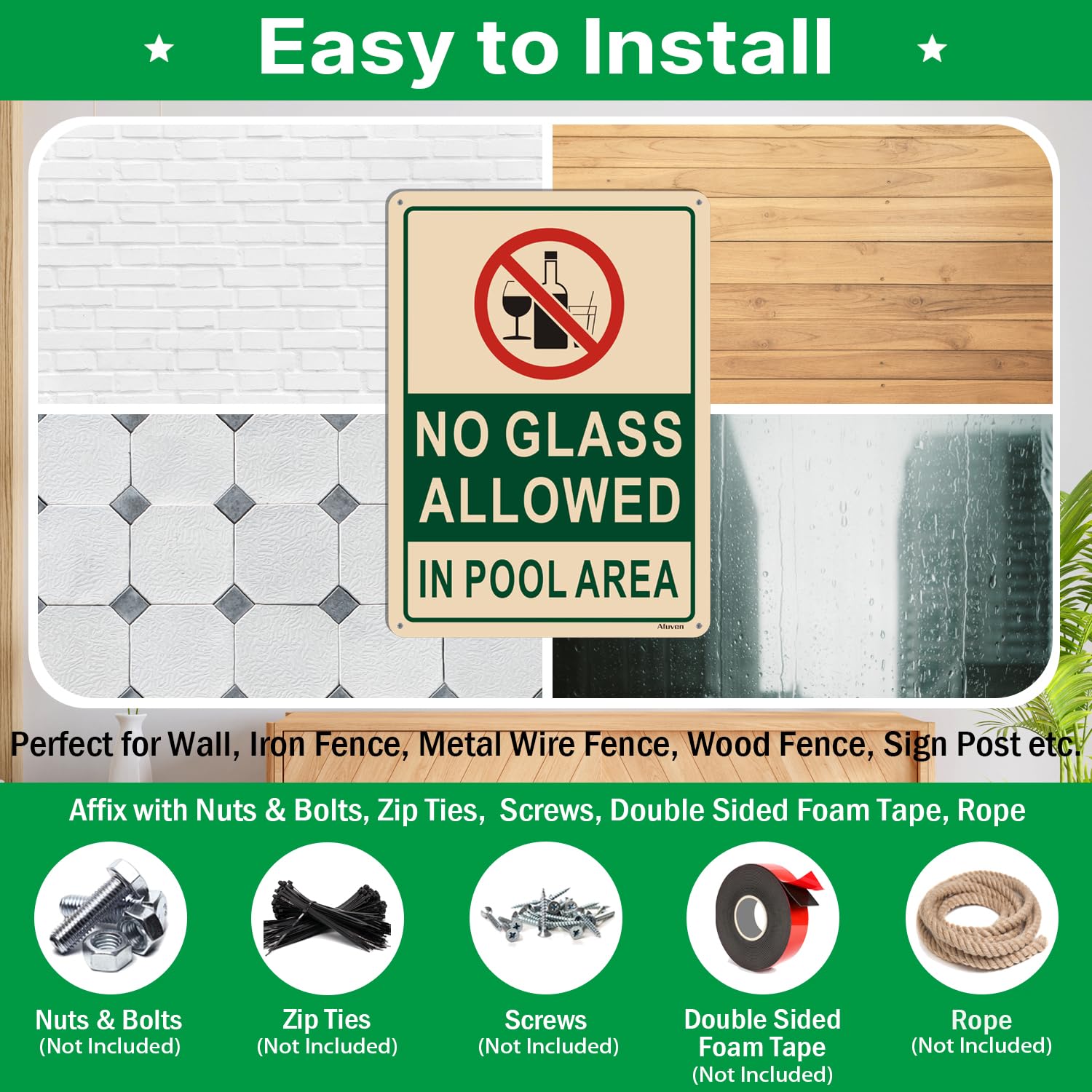 No Glass Allowed in Pool Area Sign 10”x7” - Rust-Free Aluminum Pool Rules & Safety Sign, Weatherproof & Easy to Install (2 Pack) - Perfect for Public Pools, Hotels, and Backyard Swimming Areas