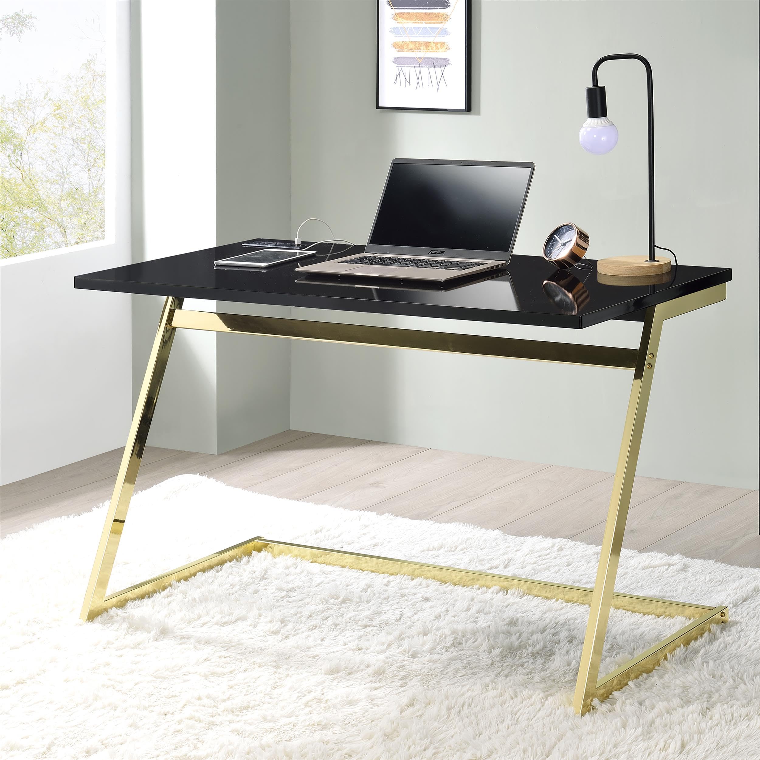 Cornica Metal Writing Desk with USB Ports - Modern Black & Brass Home Office Desk for Small Spaces, Study & Workstation Setup