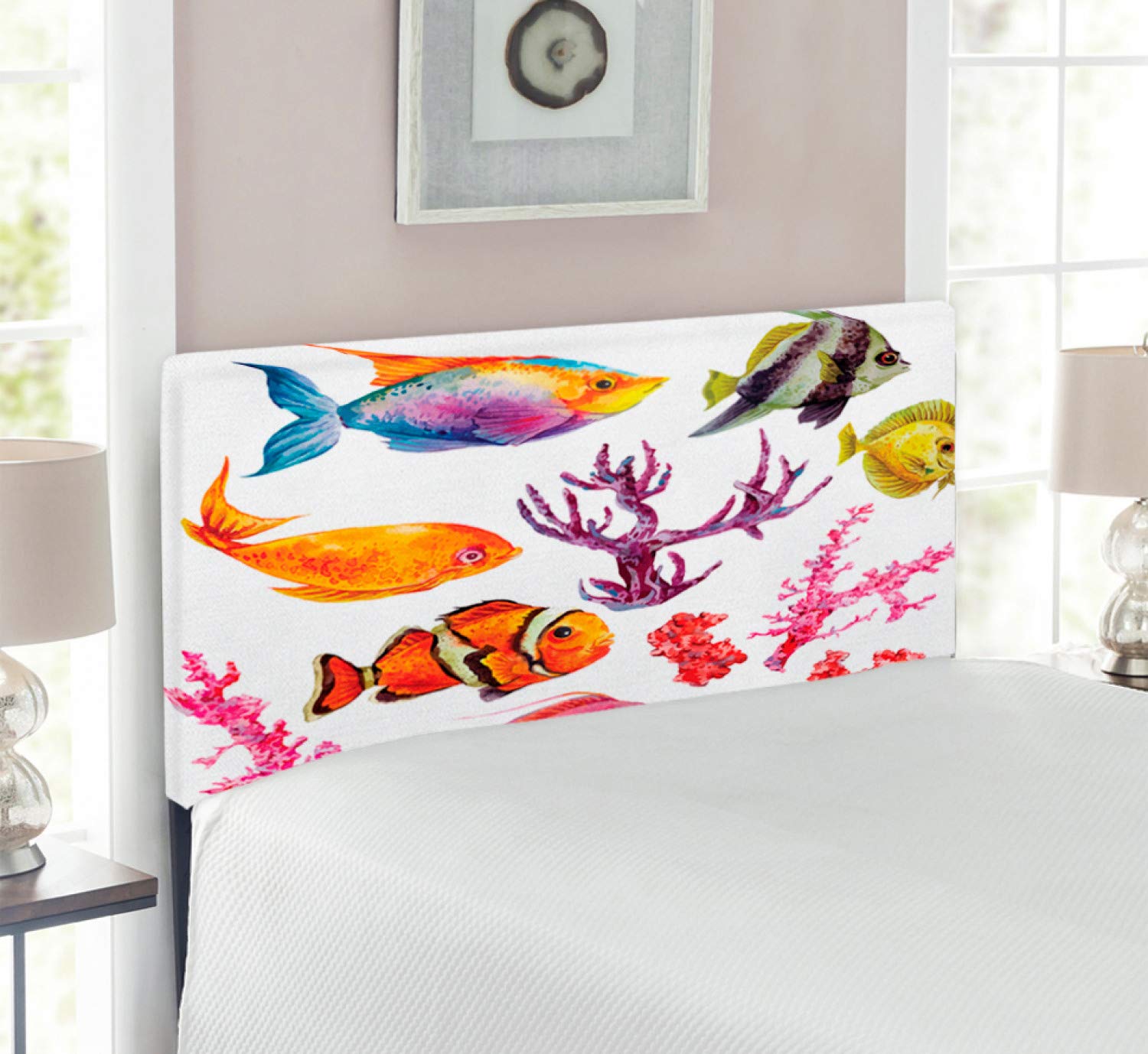 Ambesonne Ocean Themed Headboard - Exotic Fish, Seaweed, Coral & Jellyfish Design, Upholstered Metal Bed Headboard with Memory Foam, Twin Size, Orange & Purple - Perfect for Kids' Rooms, Beach Houses & Ocean Lovers' Bedrooms