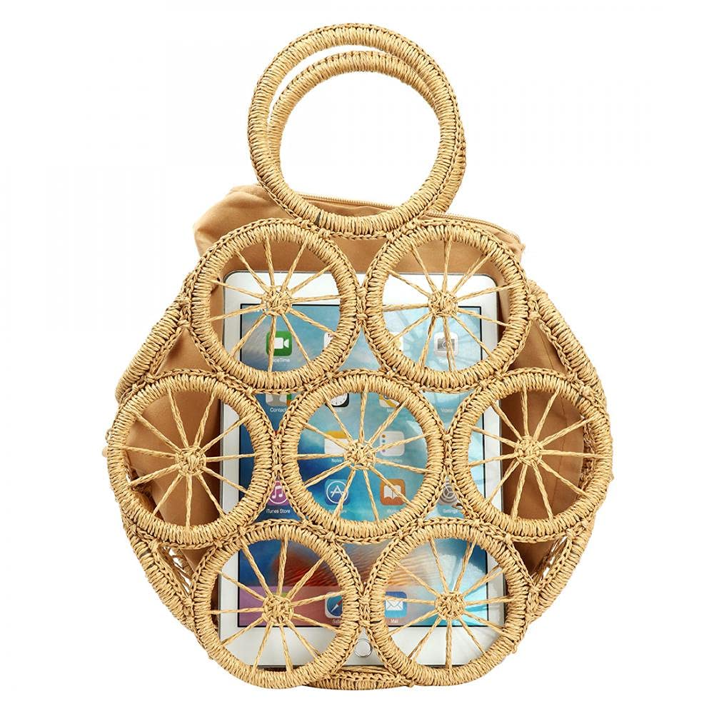 Women's Straw Crossbody Bag - Round Lemon Pattern Summer Beach Tote Handbag for Vacation, Travel & Outdoor Activities