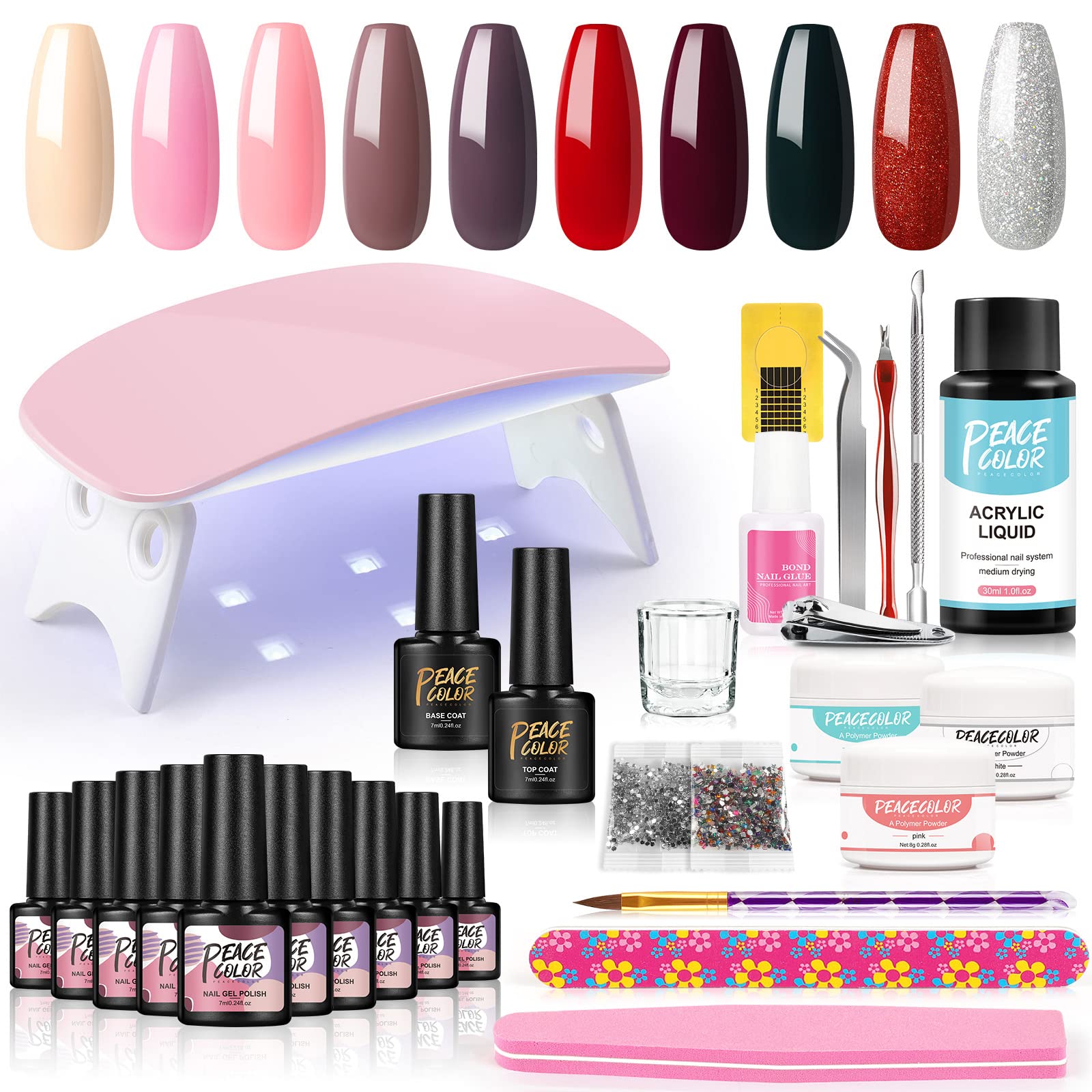 Peacecolor Professional Gel Nail Starter Kit with LED Nail Lamp - 10 Pcs Gel Polish Set, 3 Color Acrylic Powder, Base & Top Coat, Manicure Tools - Perfect for Home Salon, DIY Nail Art & Professional Nail Extensions