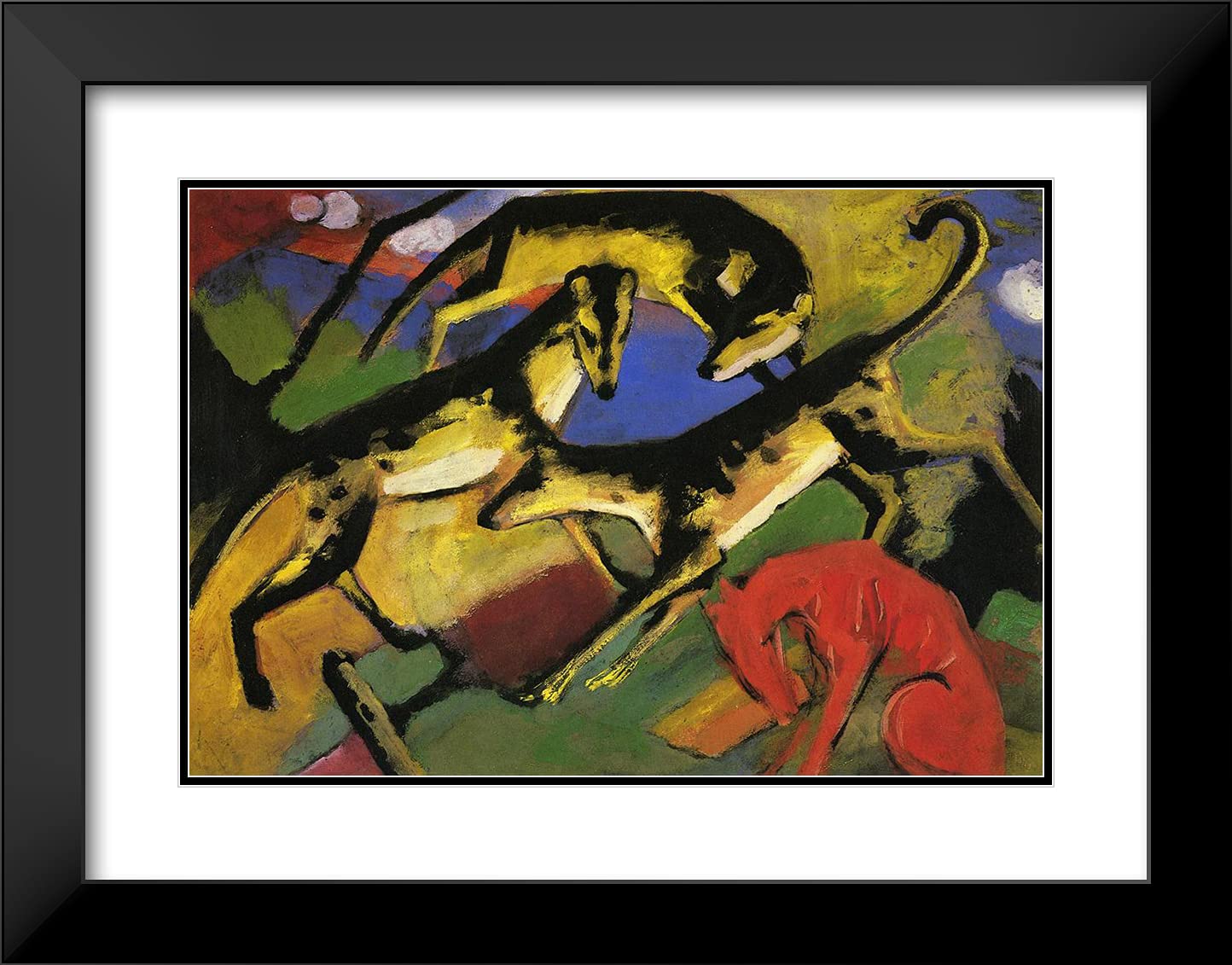 Franz Marc 'Playing Dogs' 24x19 Black Modern Framed Art Print with Double Matting - Expressionist Animal Painting for Living Room, Office & Home Decor