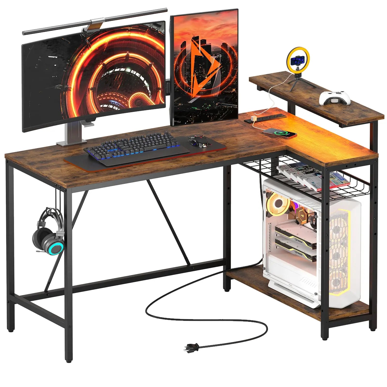 Bestier 52 Inch L-Shaped Gaming Desk with USB Ports & Power Outlets - Ergonomic Computer Desk for Home Office, Streaming Setup & PC Gaming Station