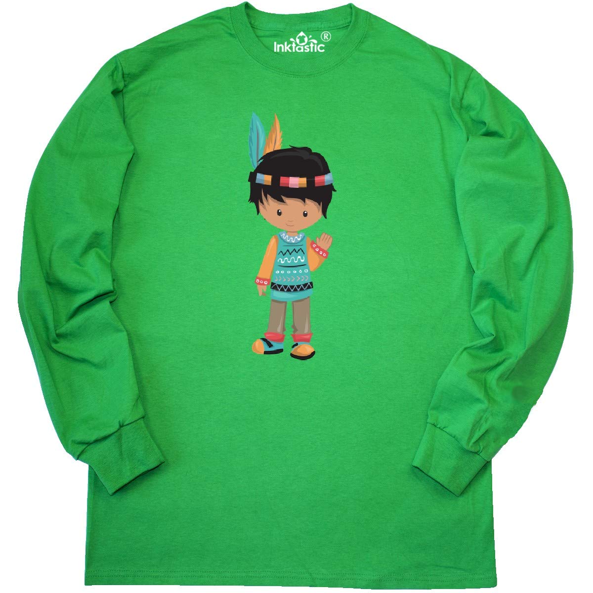 Inktastic Native American Boy Graphic Long Sleeve T-Shirt - Cute Black Haired Boy Design - Casual Wear & Cultural Appreciation Outfit