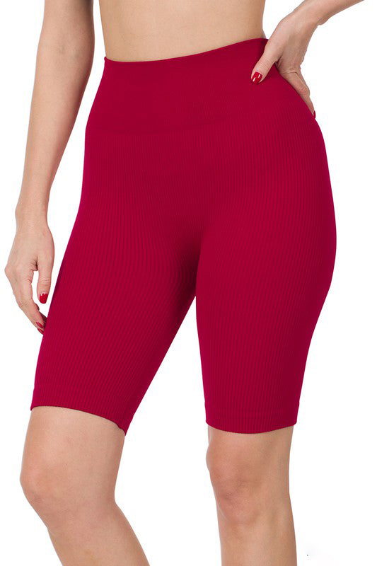 High Waist Ribbed Biker Shorts for Women - Stretchy Workout Shorts with Pockets - Perfect for Yoga, Running, Gym & Lounge Wear