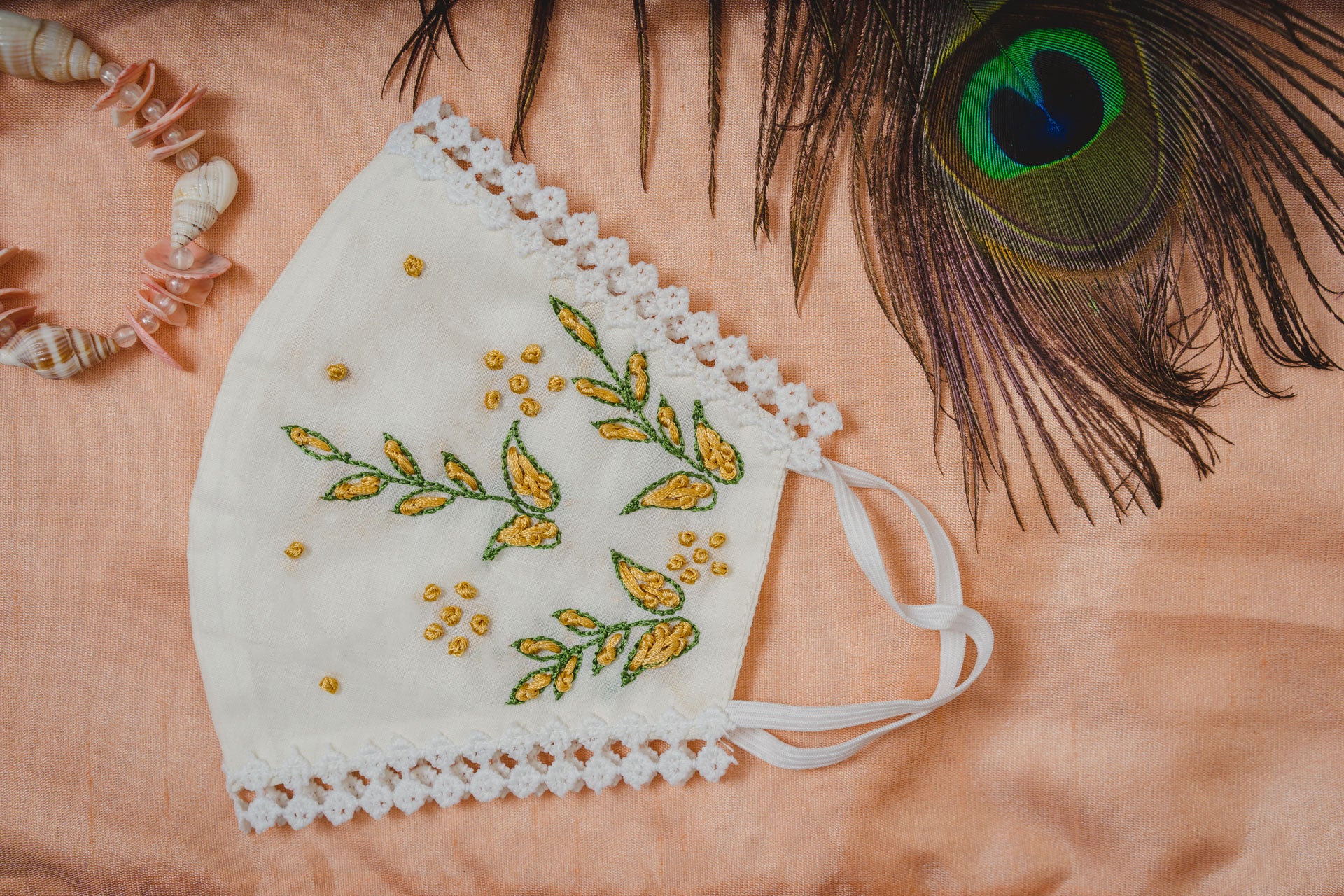Cream Cotton Lace Face Mask with Floral Embroidery - Breathable & Stylish for Daily Wear, Parties & Special Occasions