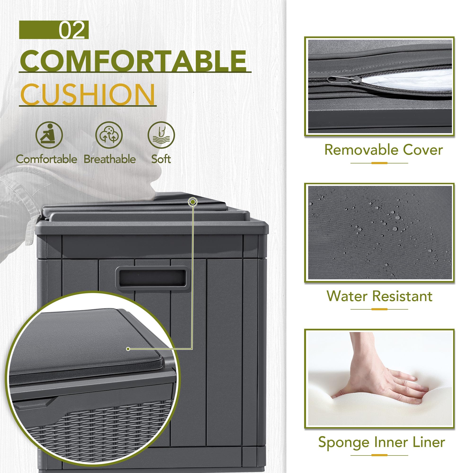 GUNJI 100 Gallon Resin Deck Box with Cushion - Outdoor Weatherproof Storage Container for Patio Furniture, Garden Tools & Pool Accessories - Lockable Large Storage Box for Backyard, Deck & Poolside Organization (Gray)