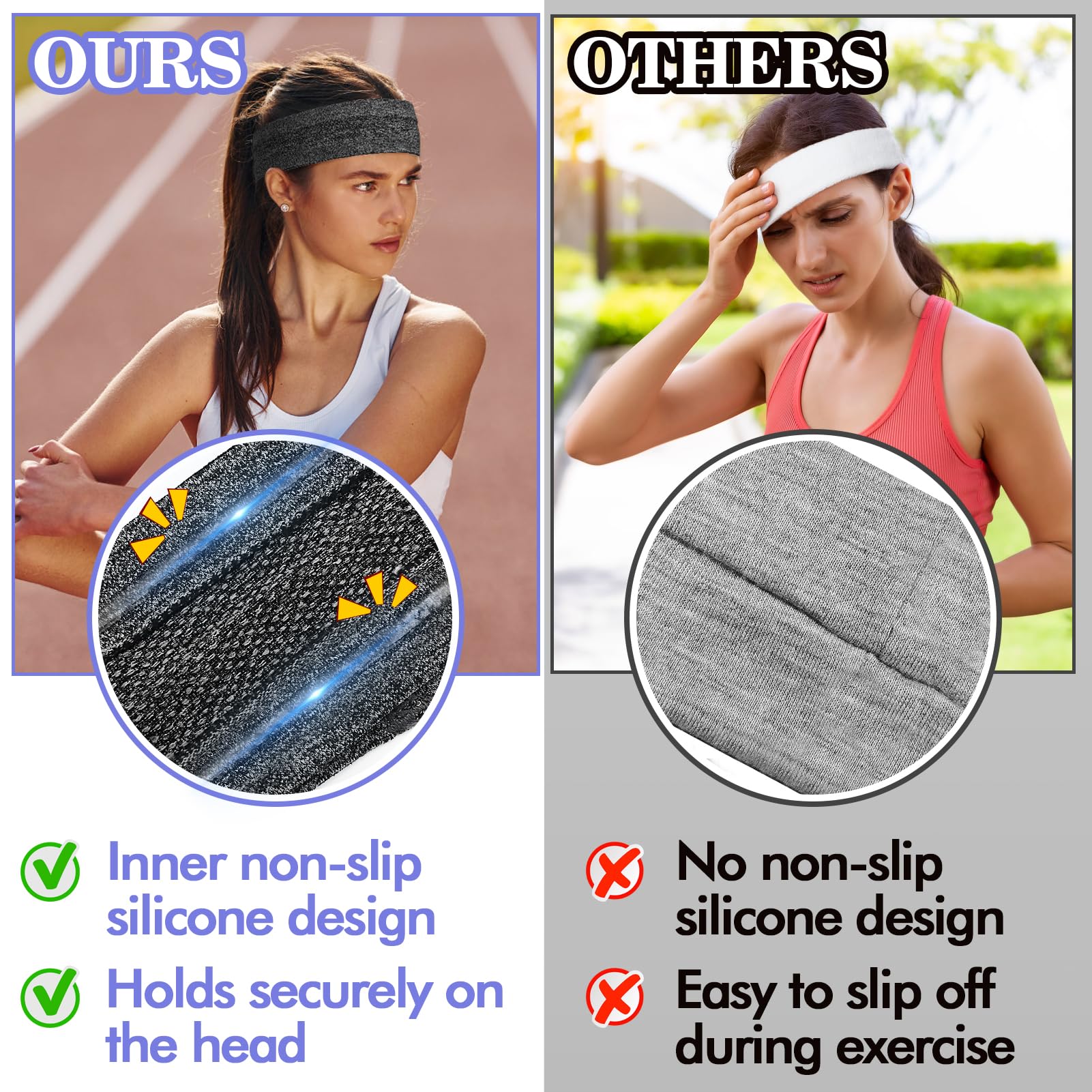 Non-Slip Silicone Headbands 6-Pack - Adjustable Sweat-Wicking Workout Headbands for Men & Women - Perfect for Yoga, Running, Gym & Fitness - Black & Grey Set
