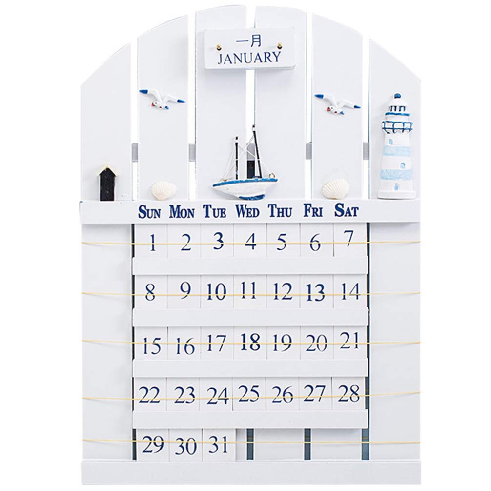 FOMIYES Wooden Block Calendar - Retro Mediterranean Style Perpetual Wall Calendar with Nautical Design, White - Perfect for Home, Office, and Coastal Decor