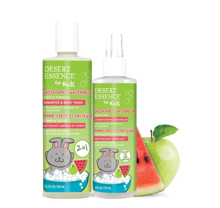 Desert Essence Kids Green Apple Watermelon 2-in-1 Shampoo & Body Wash + Conditioning Detangler Bundle 12 fl oz | Vegan, Gluten-Free, Cruelty-Free | Nourishing Formula for Soft Hair & Skin | Perfect for Kids Bath Time & Daily Hair Care