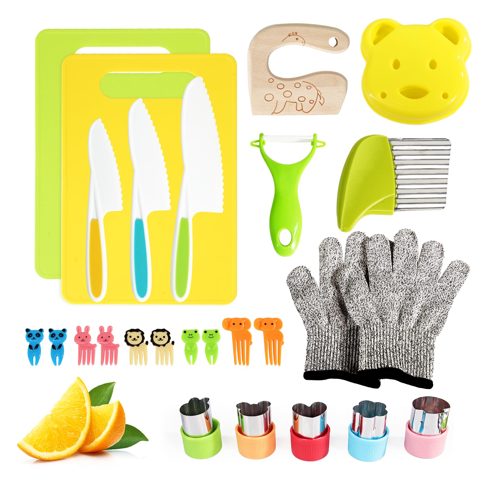 26 Pcs Kids Knife Set - Montessori Safe Cooking Tools for Toddlers 4+ Years Old | BPA-Free Plastic Knives, Crinkle Cutters, Peeler & Cutting Board | Perfect for Real Cooking Practice & Early Childhood Development