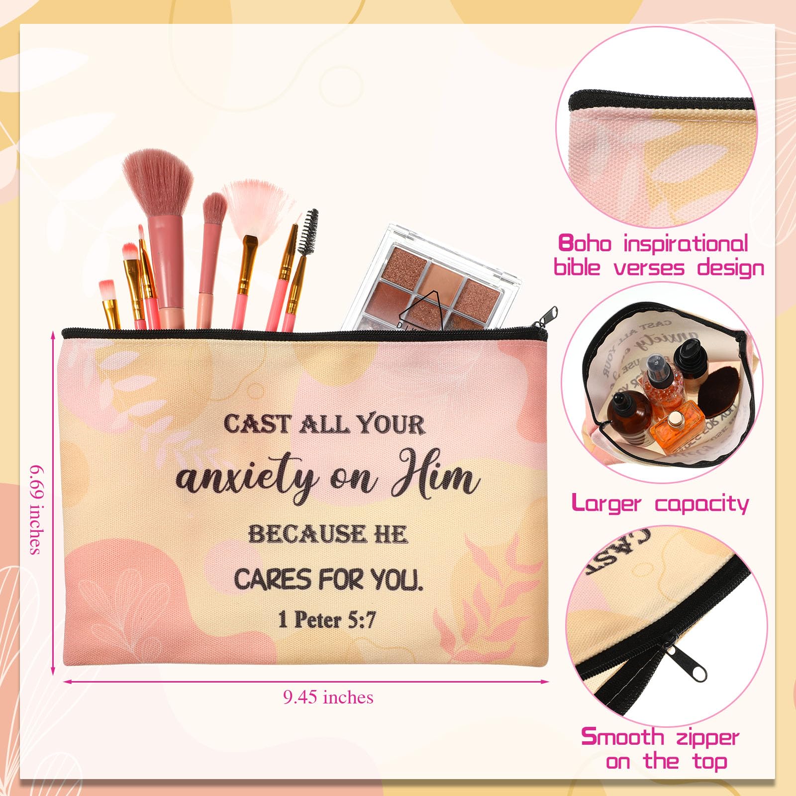 24 Pcs Christian Makeup Bags with Bible Verses - Inspirational Canvas Cosmetic & Toiletry Pouches with Zipper for Women - Perfect for Organizing Cosmetics, Toiletries & Stationery (Boho Style) - Great for Church, Travel, Gifts & Daily Use