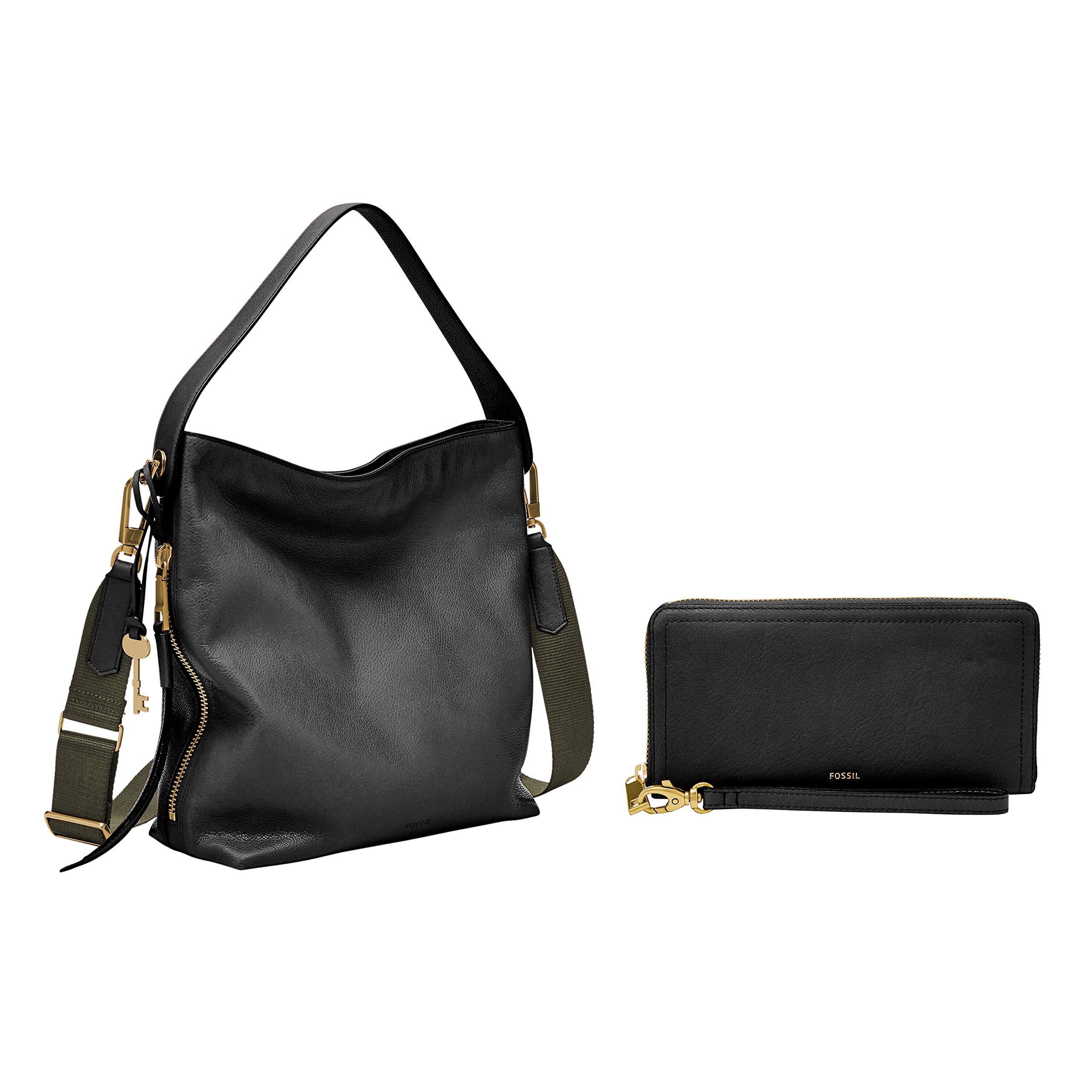 Fossil Women's Maya Leather Small Hobo Handbag & Logan Faux Leather RFID Zip Around Clutch Wallet Set - Black | Stylish Crossbody Purse for Work, Travel & Everyday Use