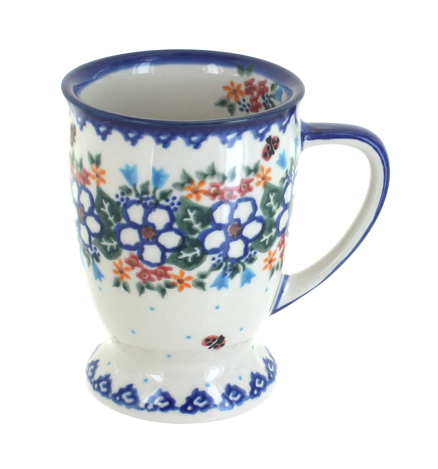 Handmade Blue Rose Polish Pottery Scarlett Pedestal Coffee Mug - Elegant Ceramic Tea Cup for Home, Office & Gift Giving - Perfect for Morning Coffee, Afternoon Tea & Cozy Kitchen Decor