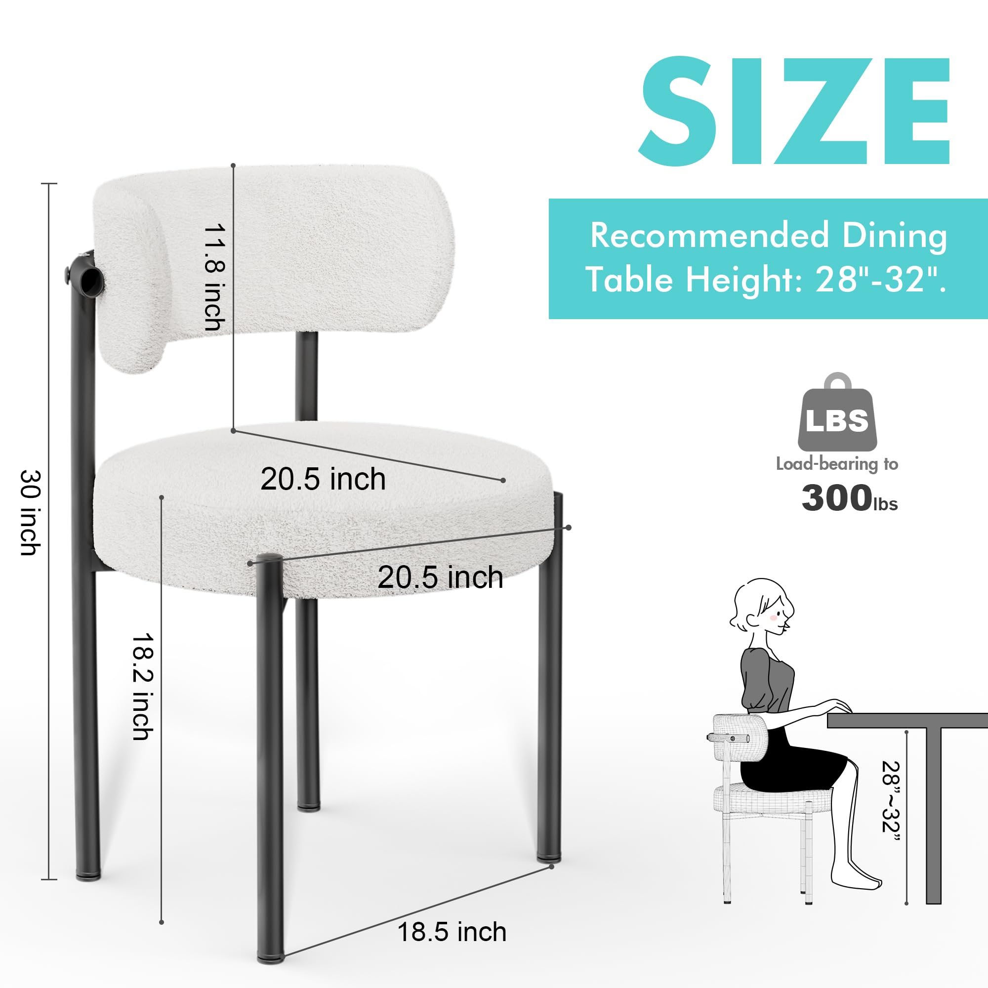 Boucle Dining Chairs Set of 4 - White Mid Century Modern Upholstered Chairs with Curved Backrest & Metal Legs | Cozy Sherpa Fabric | Perfect for Kitchen, Dining Room, Breakfast Nook & Small Spaces