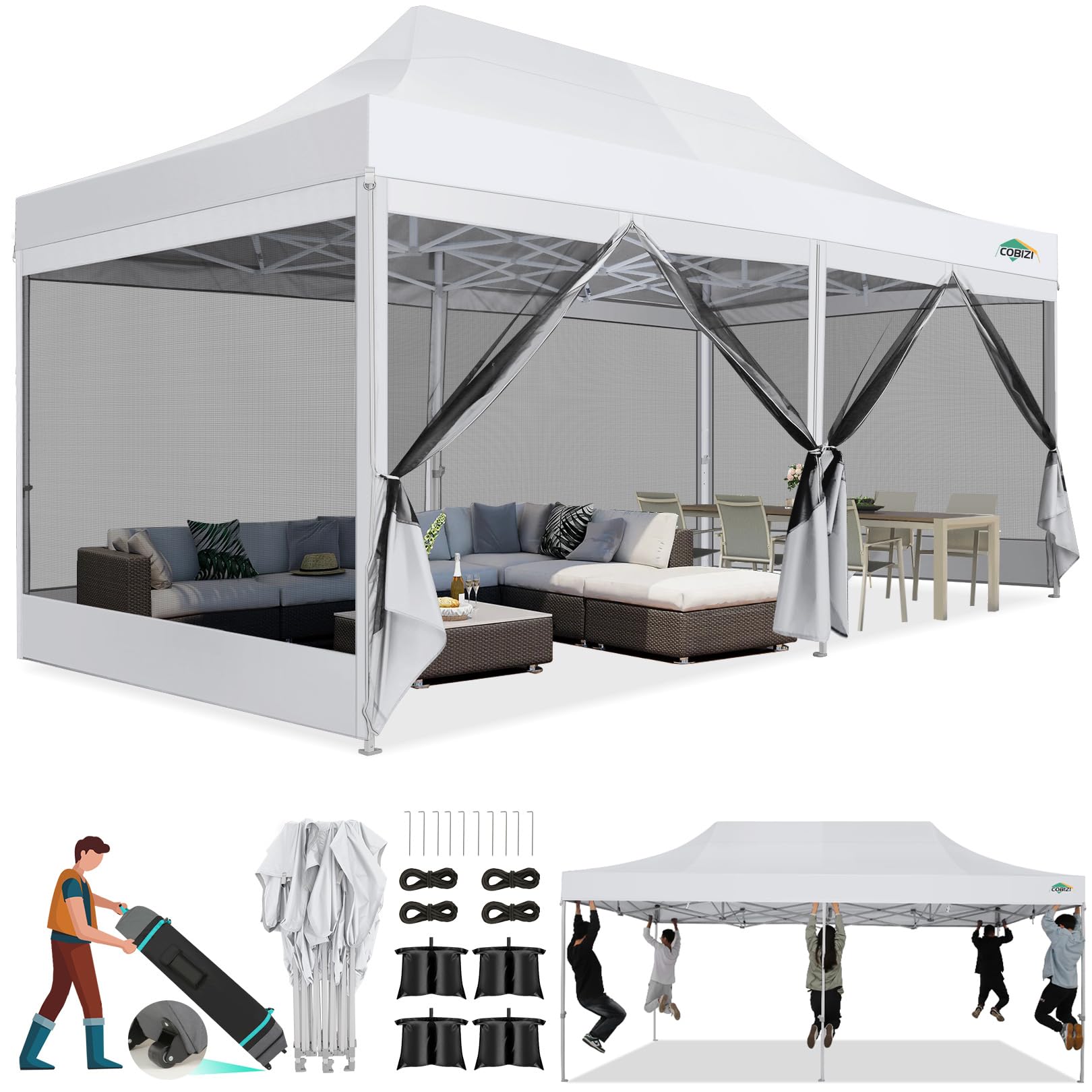 COBIZI 10x20 Heavy Duty Pop Up Canopy Tent with Waterproof Sidewalls & Mosquito Netting - Easy Setup Instant Shelter with Carry Bag for Outdoor Weddings, Parties, Camping & Backyard Events (White)