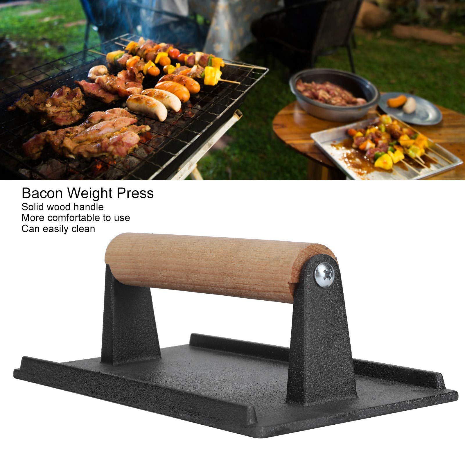 Heavy Duty Cast Iron Grill Press with Wooden Handle - Perfect for Steak, Burger & Bacon - BBQ Griddle Weight for Grills, Griddles & Flattops - Ideal for Backyard BBQs, Camping & Outdoor Cooking