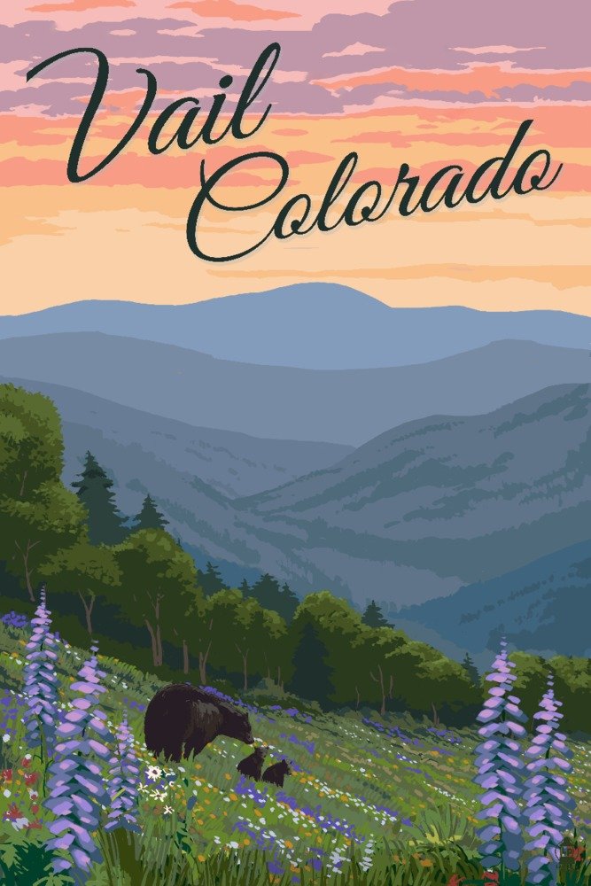 Vail Colorado Bear & Spring Flowers - 36x54 Giclee Art Print - Travel Poster Wall Decor for Living Room, Office & Cabin - Mountain Landscape Artwork