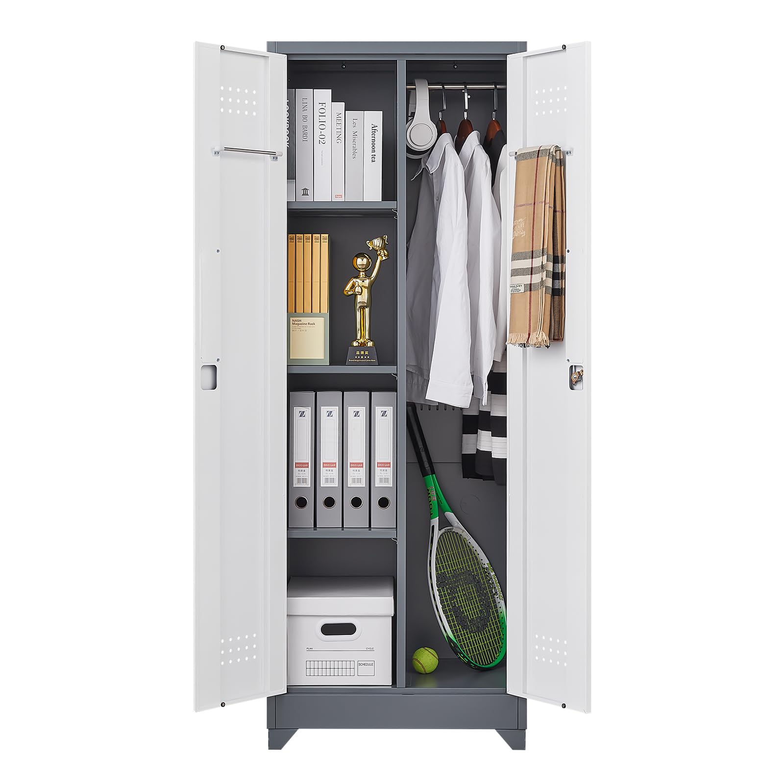GREATMEET Heavy Duty Metal Storage Cabinet with Adjustable Shelves - Broom Closet Organizer with Pegboard & Hanging Rod - Locking Tall Utility Cabinet for Cleaning Tools - Perfect for Bathroom, Garage, Laundry Room & Mudroom Organization